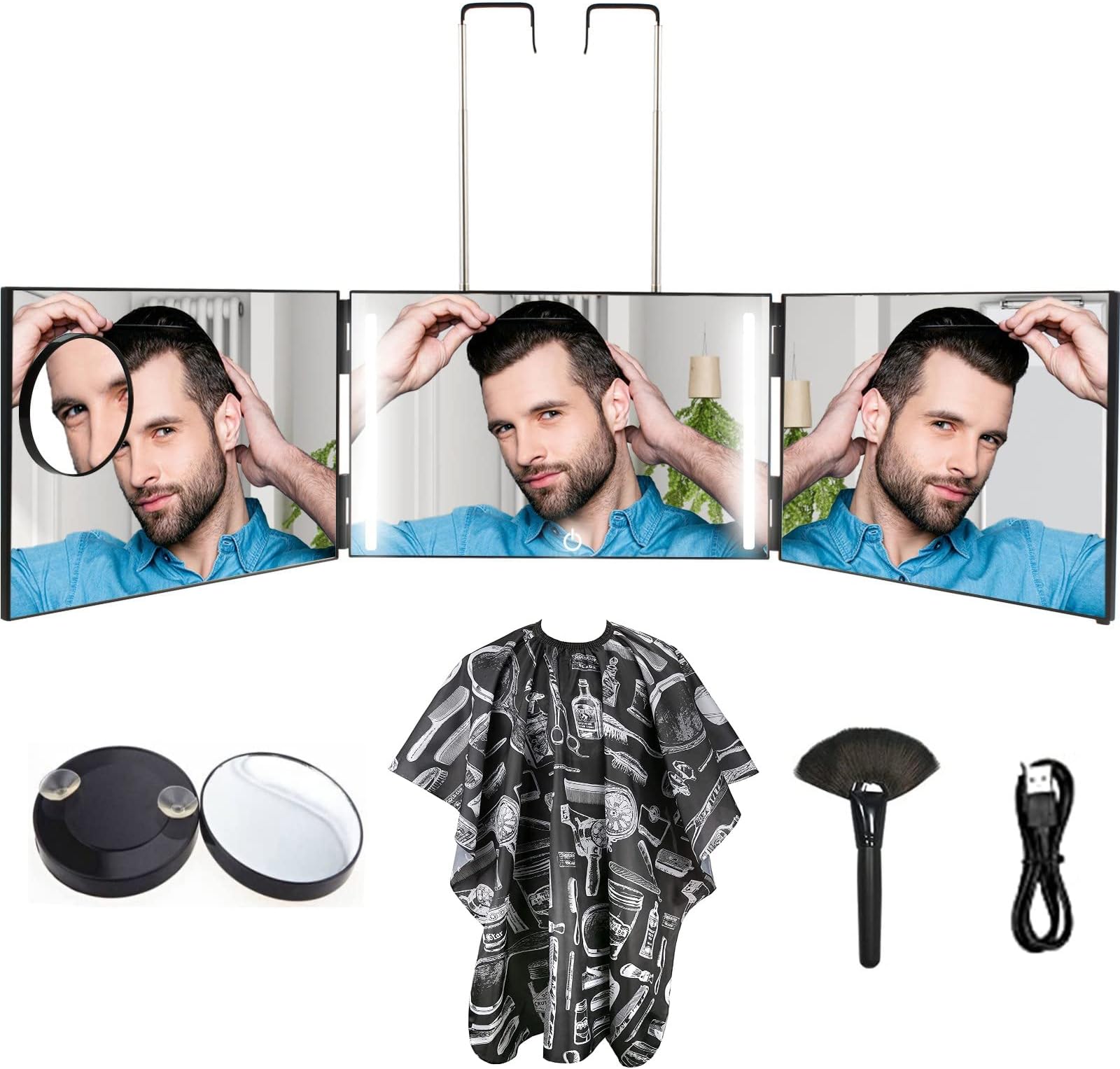 3 Way Mirror for Hair Cutting with Rechargeable LED Lights, 360 Barber Mirror Self Cut to See Back of Head, Height Adjustable, Barber Accessories, Hair Supplies, Black