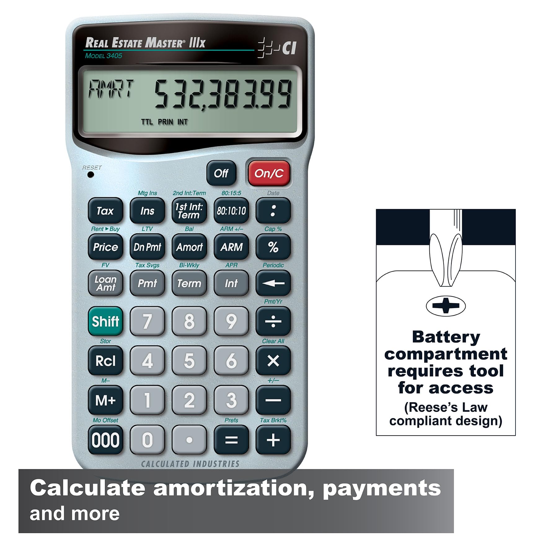 Calculated Industries Real Estate Master IIIx Bolsillo - Calculadora (Bolsillo, Calculadora financiera, 9 dígitos, Batería, Plata)