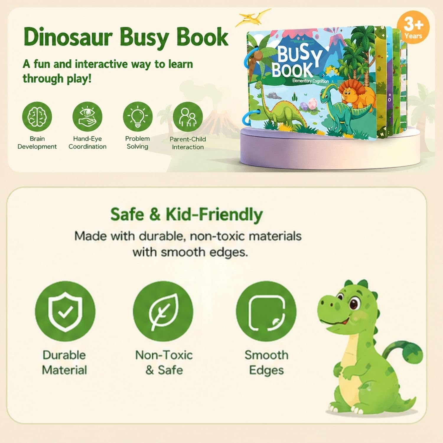 BendJoy® Dinosaur Busy Binder Book for Toddlers 1-3 | Interactive Learning Busy Book, Mess-Free Quiet Play Mess-Free & Reusable | Montessori & Cognitive Skills | Portable Travel Toy 2