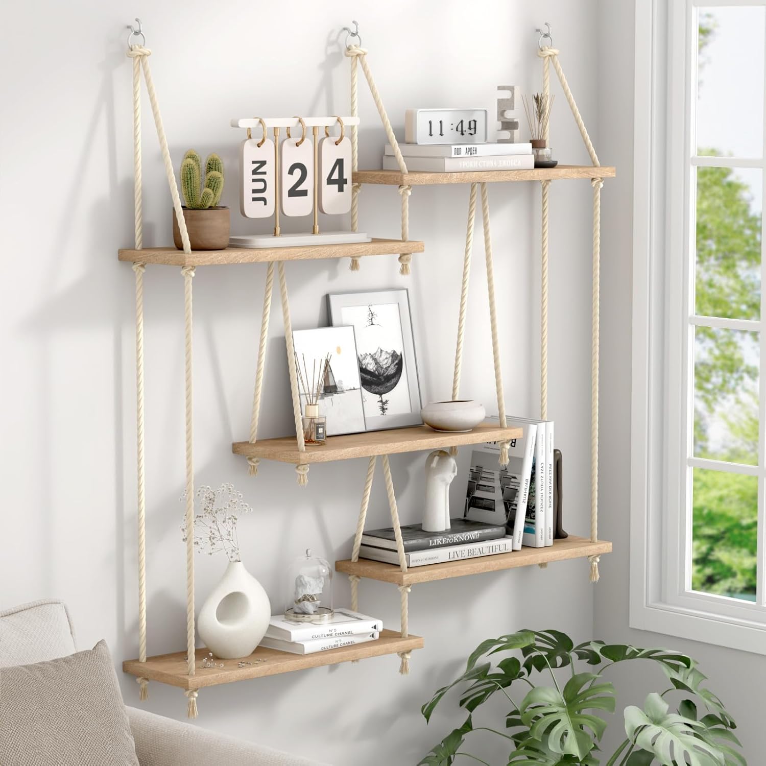 Hanging Shelf with Vine Lights 5 Tier Boho Plant Wall Shelf Floating Shelves Rope Rustic Wood Organizer Storage Hanger Rack for Wall Decor in Aesthetic Home Bedroom Kitchen (Five-tier rope rack)