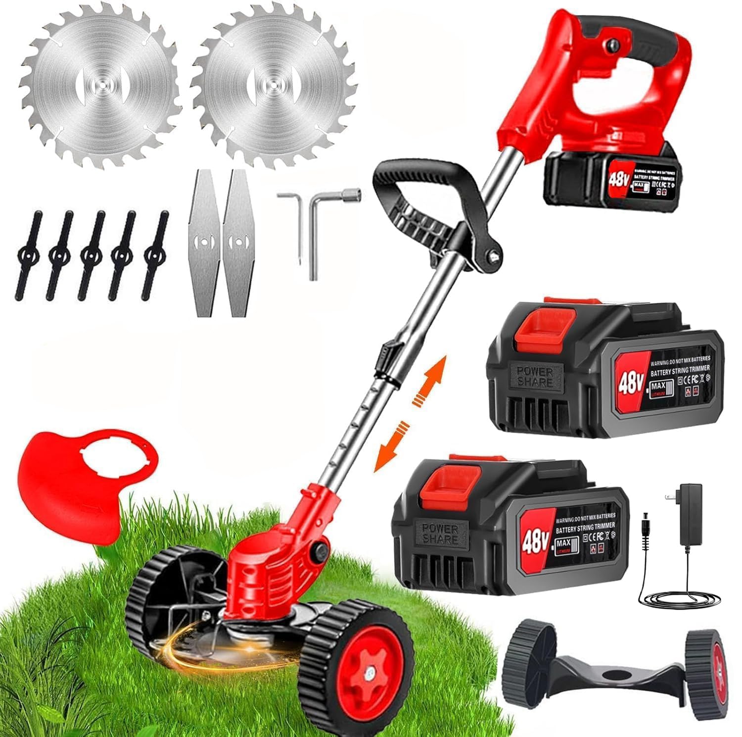 Electric Cordless Rechargeable Edge Cutter Grass Cutter 48V-25cm Cutting Width 3-in-1 Mower & Trimmer Adjustable Height,3 Blade Types,Lawns & Gardens Stainless Steel Handle (Grass Cutter-Wheel-1Red)
