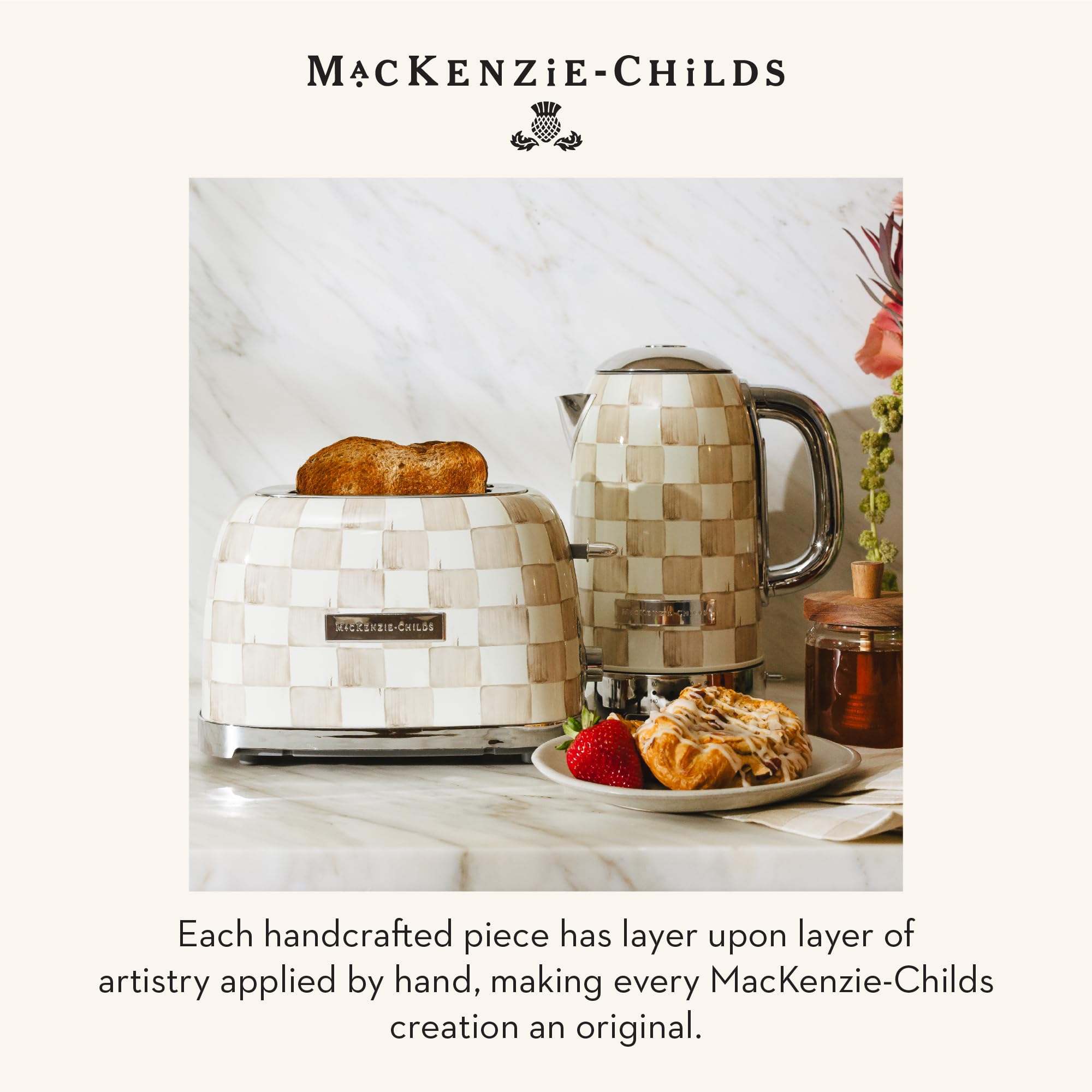 MACKENZIE-CHILDS Electric Kettle, 8 Cups, Brown-and-White Mocha Check | Hand-applied design, made from stainless steel with a chrome-plated handle, ideal for coffee, tea, and other hot beverages