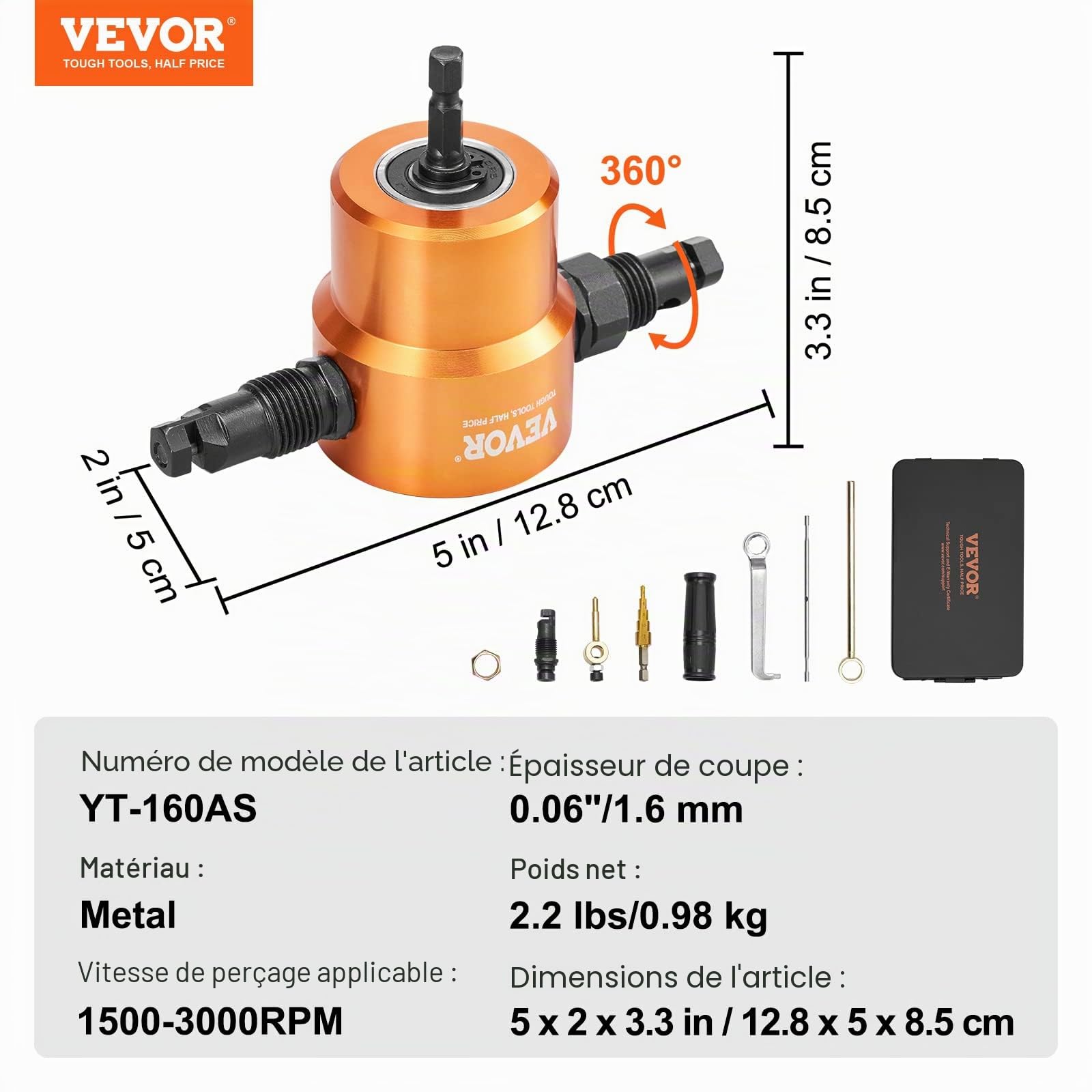 VEVOR Grignoteuse de Tôle Double Tête Rotative à 360° Coupe-Plaque de Perceuse Électrique de 1500-3000 tr/min Épaisseur de Coupe 1,6 mm Cisaille à Tôle sur Perceuse pour Couper Métaux Plastique Bois