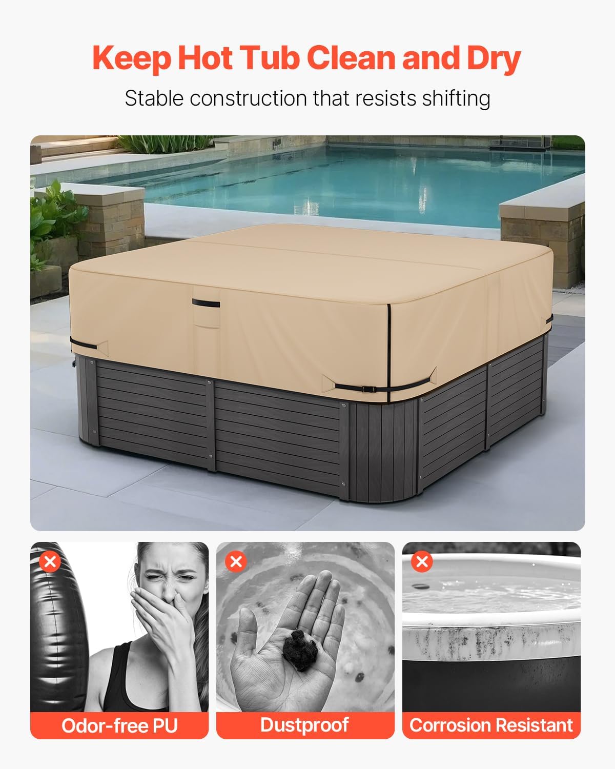 VEVOR Outdoor Hot Tub Cover, 85 x 85 x 20 Inch Weatherproof and Waterproof Hot Tub Cover Protector, 600D Heavy Duty Oxford Fabric and 950N Tearing Strength, Square Spa Covers for Hottub, Brown