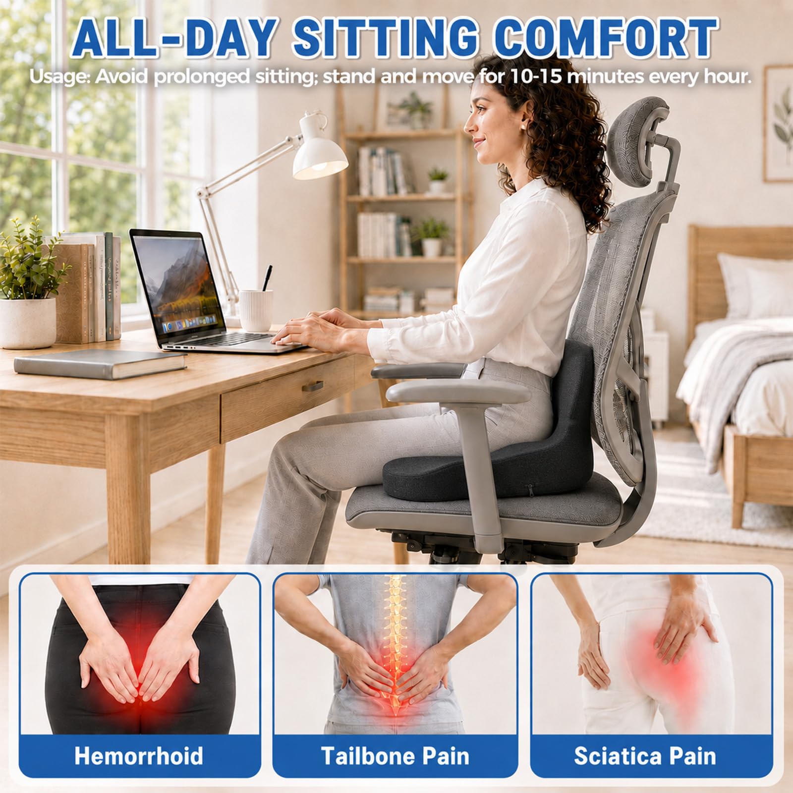 Cuscino Sedia Seduta Memory Forma L Ergonomico, Supporto Lombare Coccige | Cuscino ortopedico, antidolorifico e sfoderabile, lavabile, adatto per sedia da ufficio, seggiolino auto e sedia a rotelle