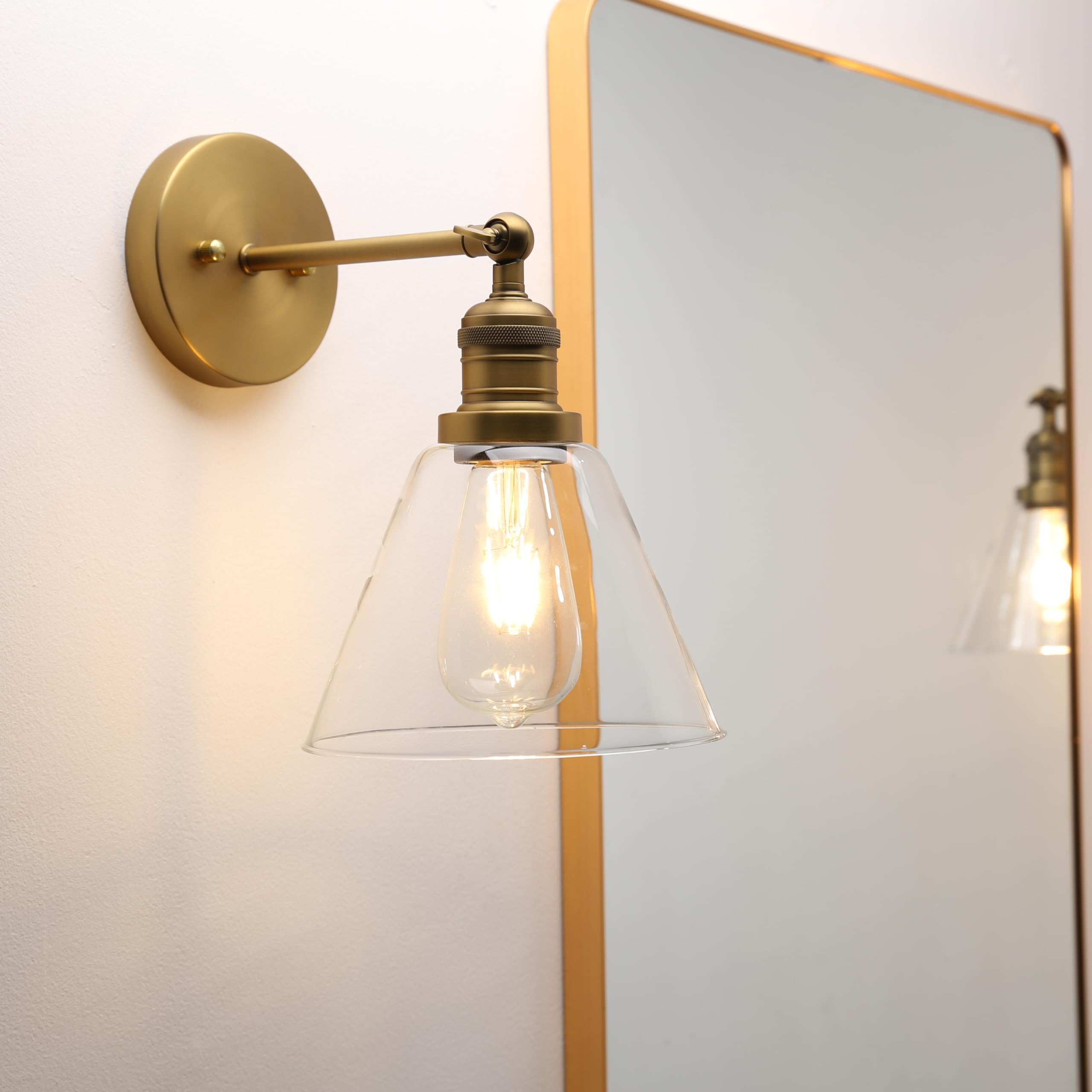 Phansthy Vintage Wall Light 7.1" Diameter Industrial Funnel Shaped Glass Wall Sconce Suitable for Kitchen Living Room Hallway Bedroom Vanity Mirror Decorative Light E27 Copper Base (Antique Brass)