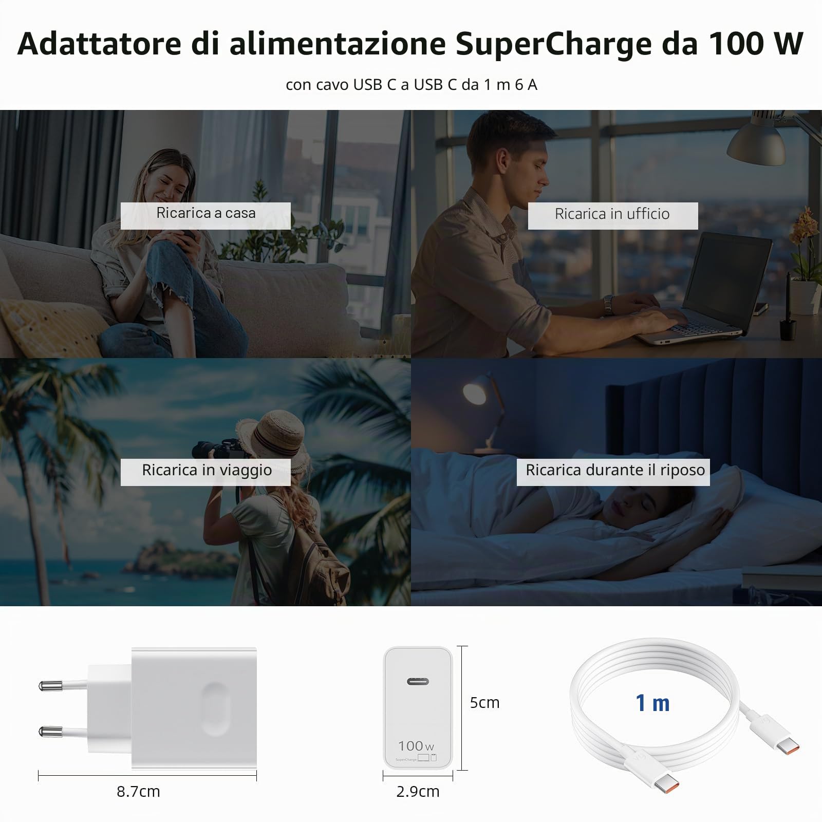 ACOCOBUY Caricabatterie rapido 100W e Cavo USB C a C 1 m per Honor 600 400 | Caricabatterie rapido USB-C PD ricarica rapida per Honor Magic 8 7 6 5 Lite V6 V5 V3 X5c X6b X6c X7e X8d X9d Pad 10 9 X9a X8a