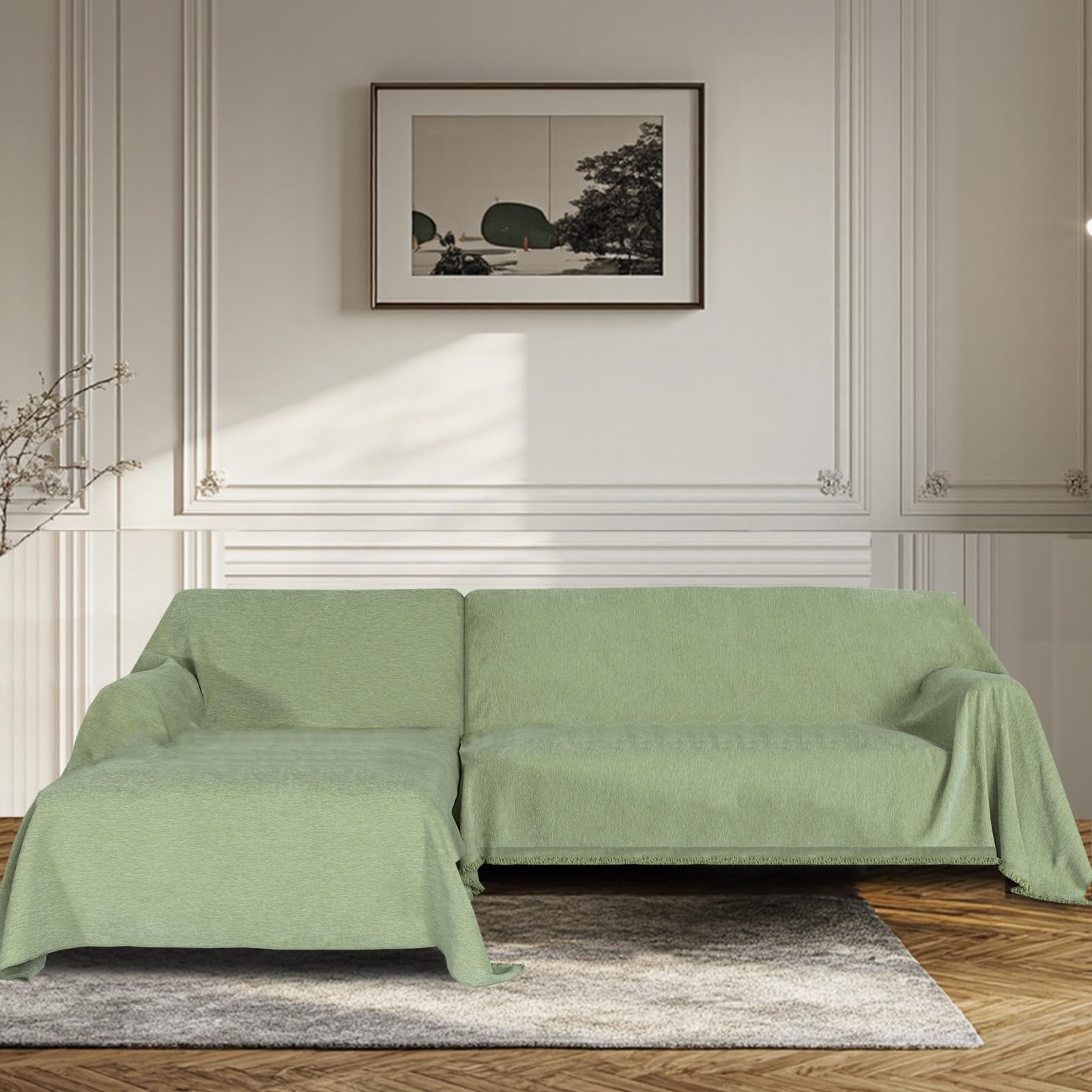 BellaHills Sofa Cover 3 Seater Chenille Sofa Covers 2 Seater Armchair Covers L Shape Sofa Slipcover Non-Slip Couch Covers with Tassel Sofa Protector from Dogs, 180x280/180x280cm, Green