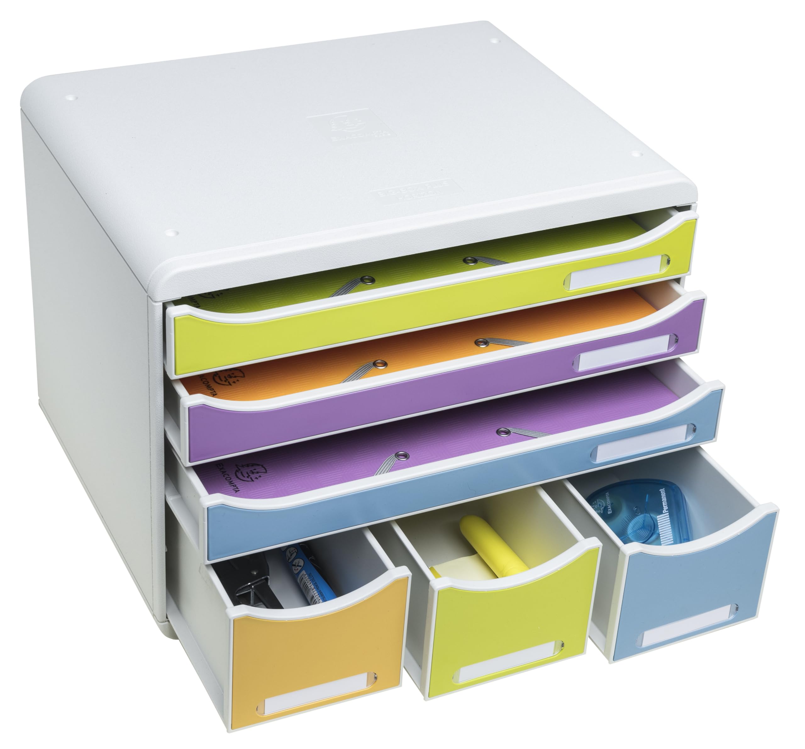 Exacompta - Rif. 306909D STORE-BOX Pop N'Co - Cassettiera 6 cassetti, 3 cassetti per documenti A4+ e 3 cassetti sottili alti, dimensioni esterne: Prof. 27 x 35,5 x 27,1 cm, assortiti