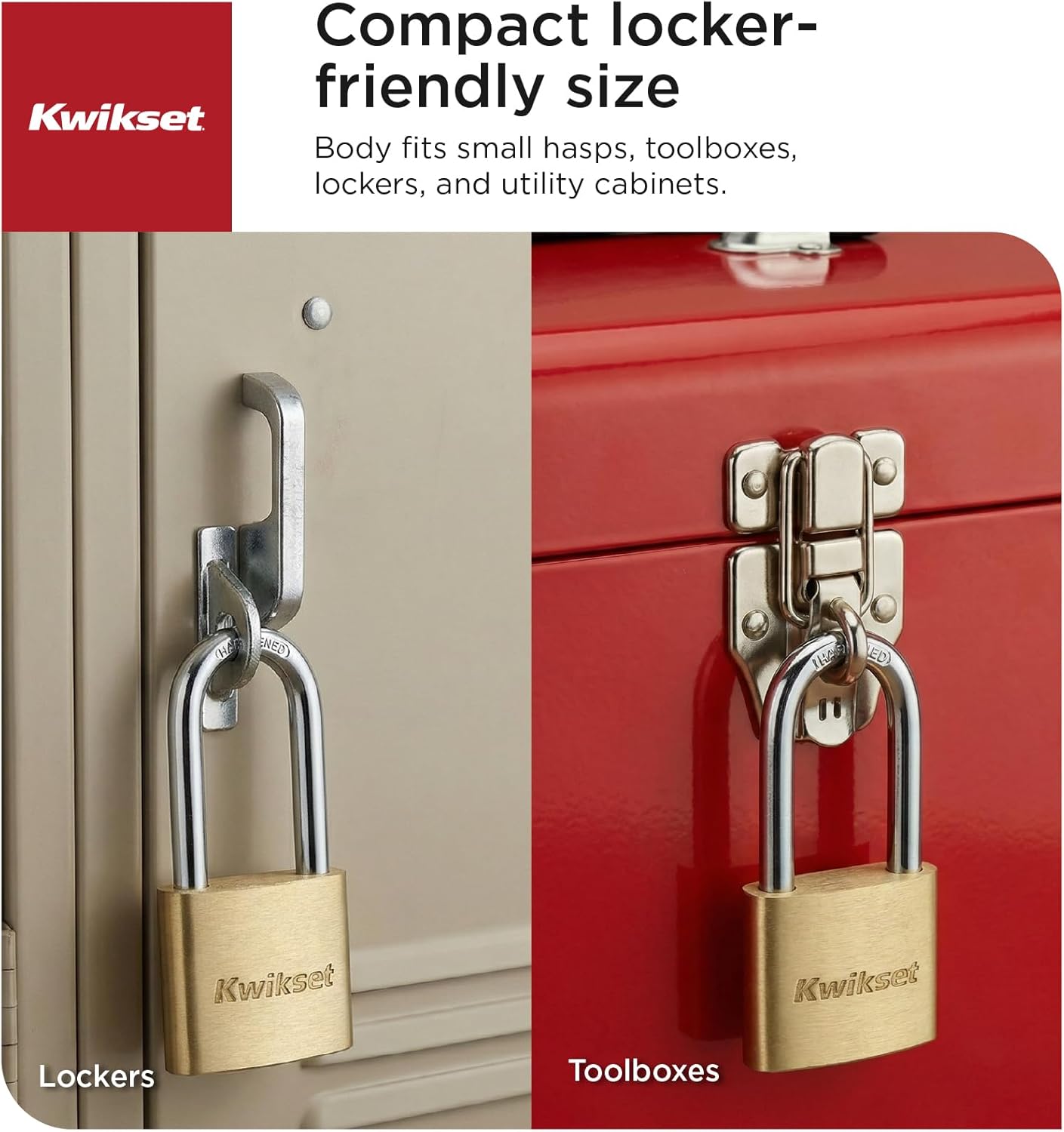 Kwikset Brass Padlock with Hardened Steel Shackle, Indoor Outdoor Cabinet and Storage Lock, 1-9/16 in Body, 1-1/2 in Shackle, 4 Pack Keyed Alike, Brass