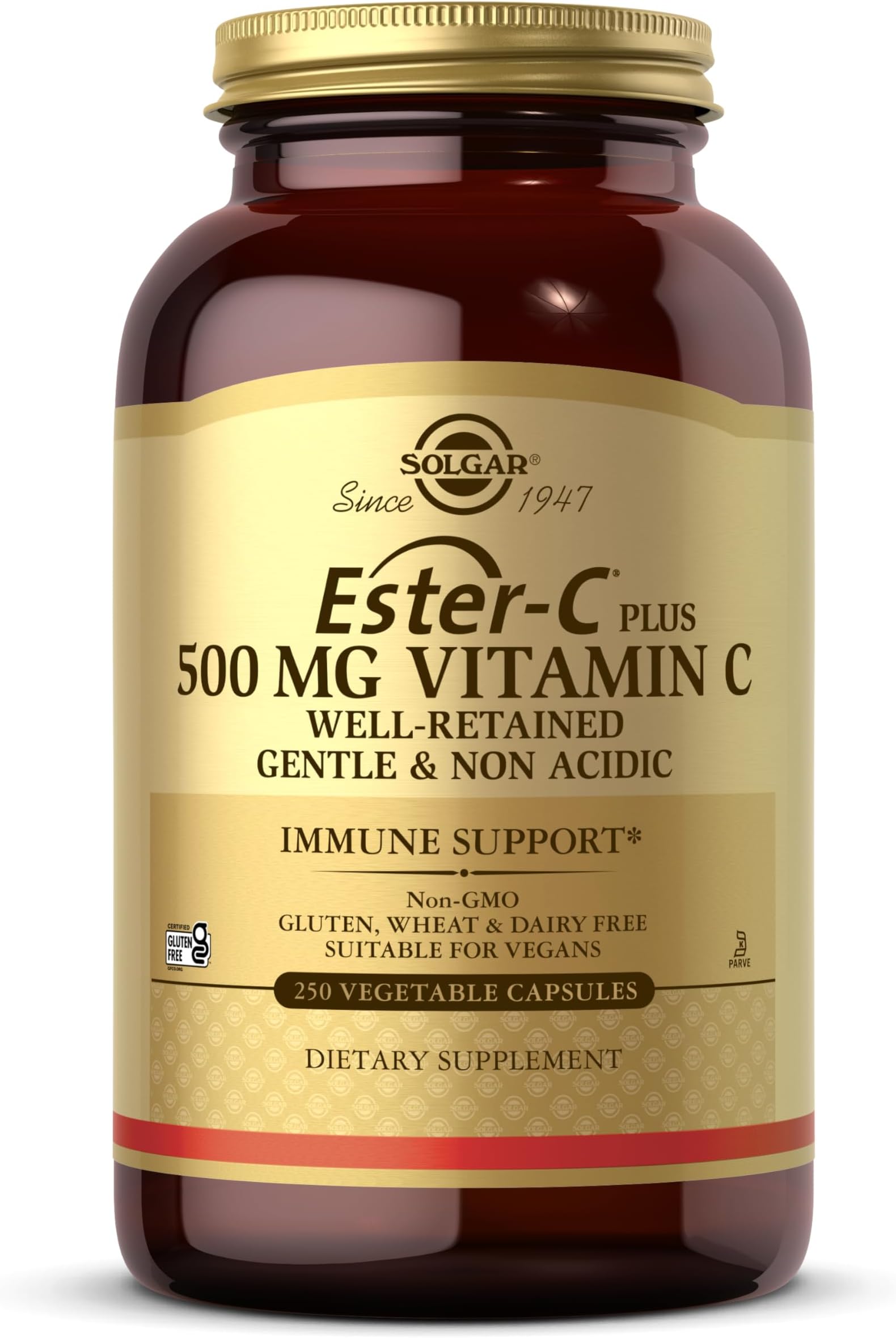 Ester-C Plus 500 mg Vitamin C (Ascorbate Complex), 250 Vegetable Capsules - Gentle & Non Acidic - Antioxidant & Immune Support - Non GMO, Vegan, Gluten Free, Kosher - 250 Servings