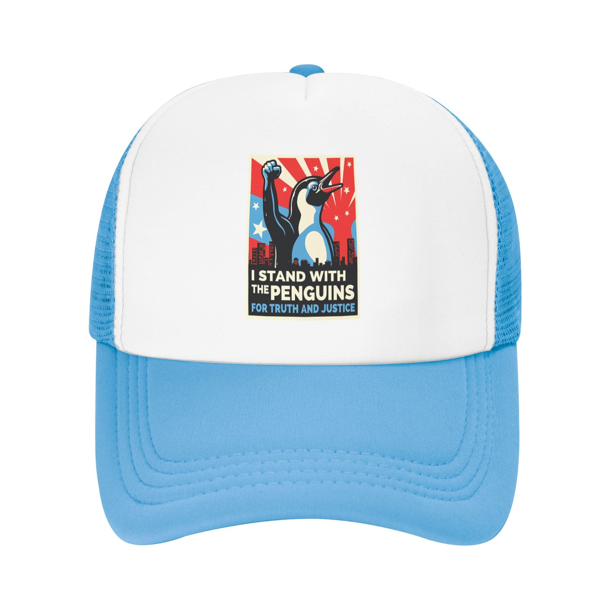 Greenchant I Stand with The Penguins Trucker Hat Anti Tariffs Kids Hats Adjustable Mesh Baseball Cap - Sky Blue