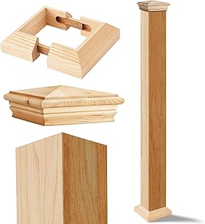 CroBlissful 3.5" x 3.5" x 48" Solid Red Oak Stair Wood Newel Post Kit Wooden Balusters Skirt Wood Post with Stair Cap Deck Base Bracket Cover for Staircase Interior Railing Newels for Stairs Handrail