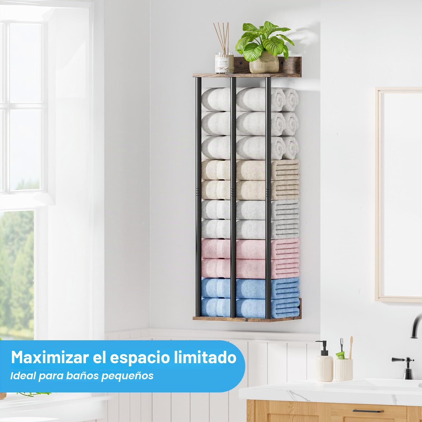 Perchas para Toallas para Baño con Montaje en Pared y Estante de Almacenamiento, Portatocas para Toallas Enrolladas, Resistente y con Gran Capacidad, Organizador de Toallas - Estilo Rústico