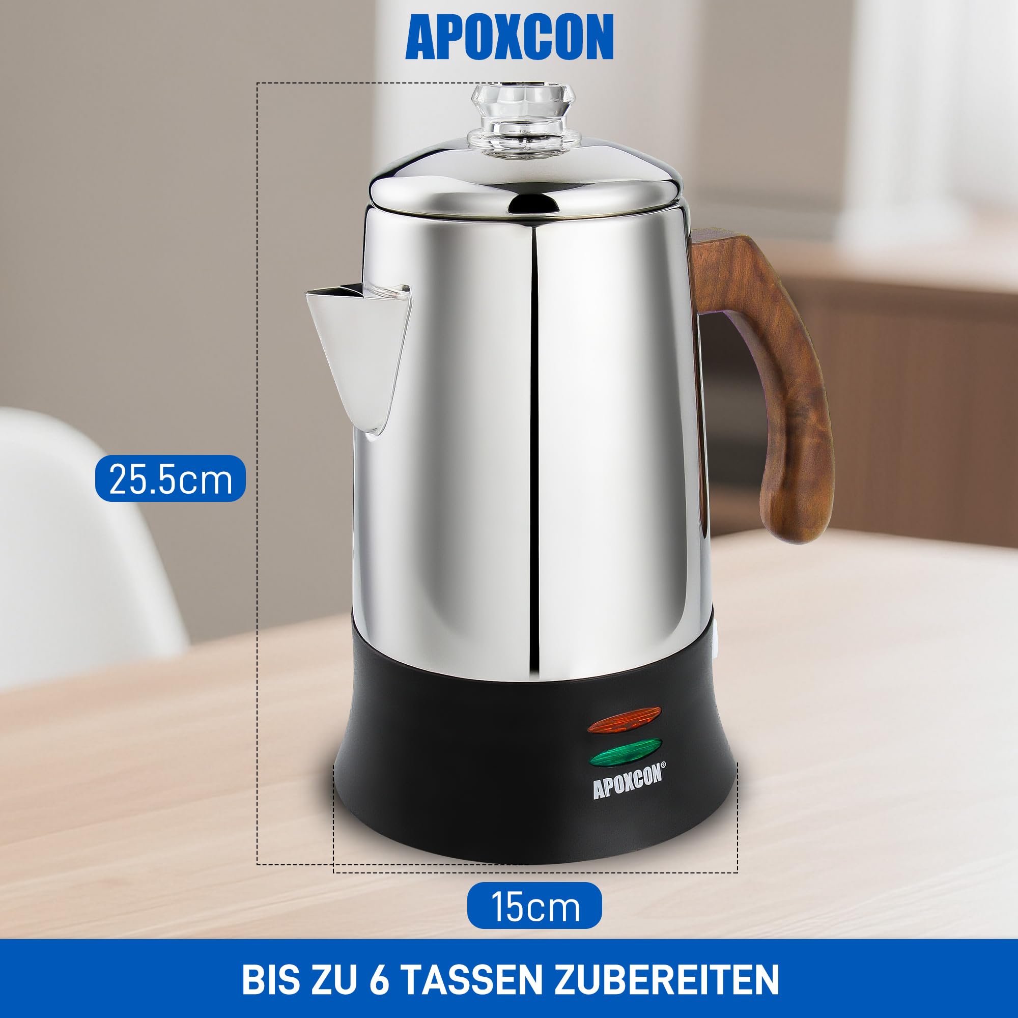 APOXCON Edelstahl 18/8 (SS304) Kaffeemaschine Elektrischer Perkolator, Kordlos mit Schauglas für Haushalt Hotel Geschenkbox (6 Tassen)