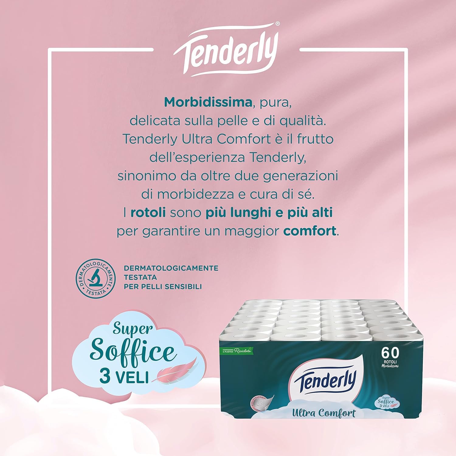 Tenderly Ultra Comfort 60 rotoli di carta igienica pura, 3 veli, + di 12.000 strappi, delicata sulla pelle