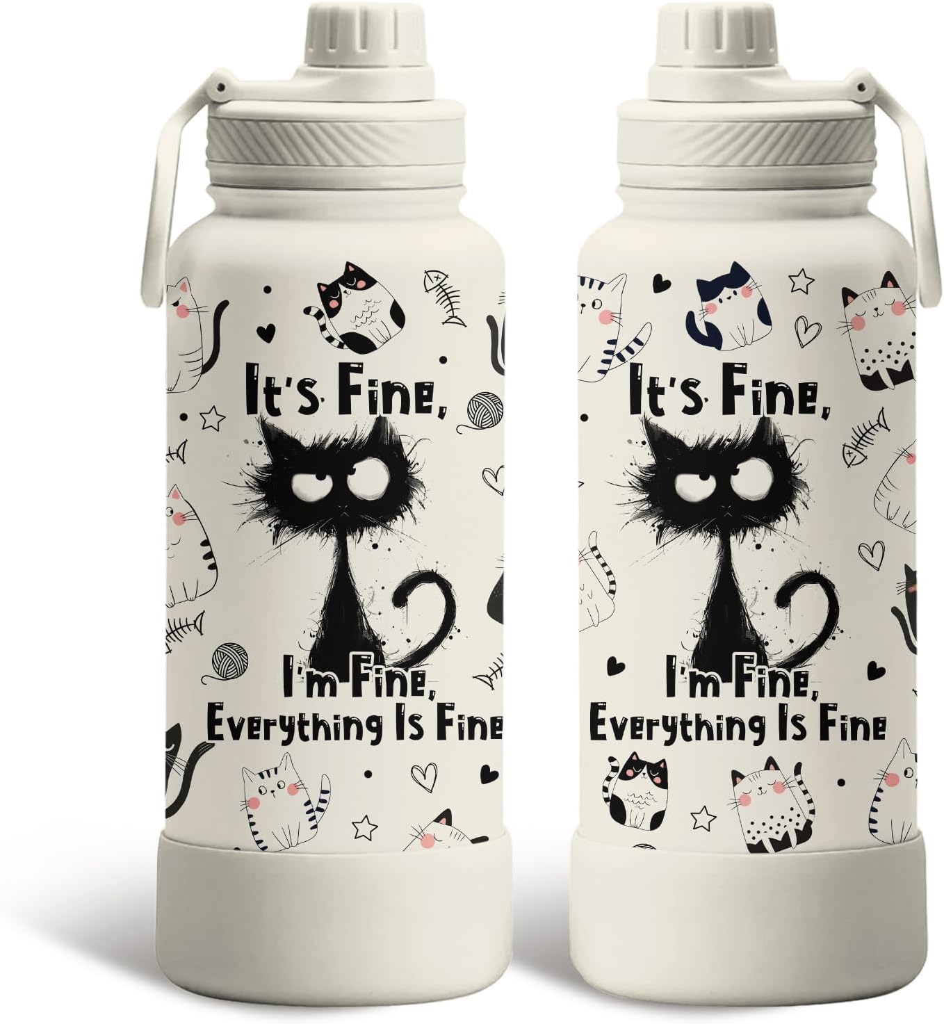 Cat Gifts for Women Girls - 34oz Black Cats Water Bottle, Everything Is Fine Cats Themed Insulated Travel Tumbler, Cute Coffee Cup for Cat Lovers, Mom, Funny Black Cat Christmas Birthday Gifts (1 pc)