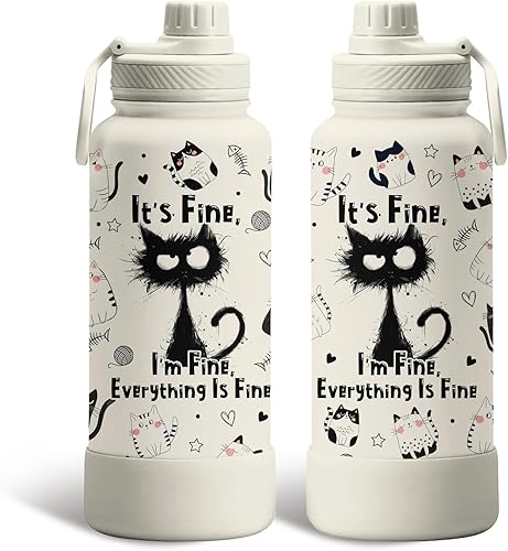 Miniatura 20 de Regalos de gatos para los amantes de los gatos, botella de agua aislada de 34 onzas, botella deportiva de acero inoxidable con tapa de boquilla, sin