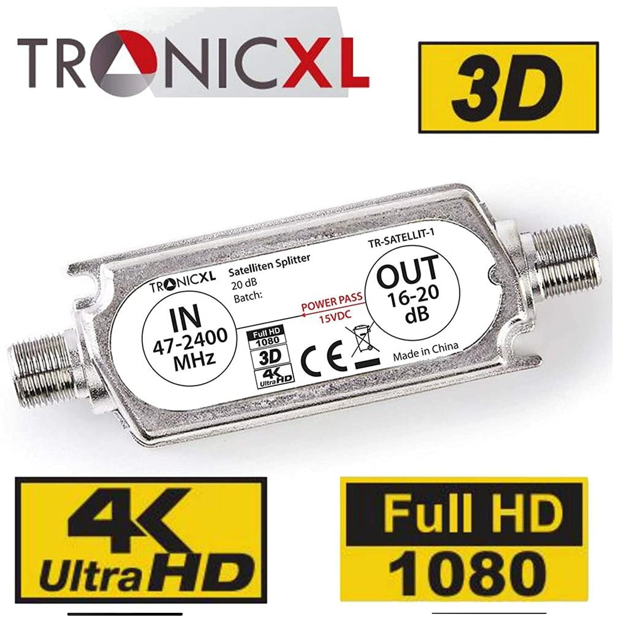TronicXL Rozdzielacz anteny premium z podwójnym wzmacniaczem satelitarnym, cyfrowy HD I do telewizji satelitarnej DVBT DVBS, Unicable 3D, 4K, HDTV, miękka wkładka do 2 telewizorów (2-krotny, srebrny)