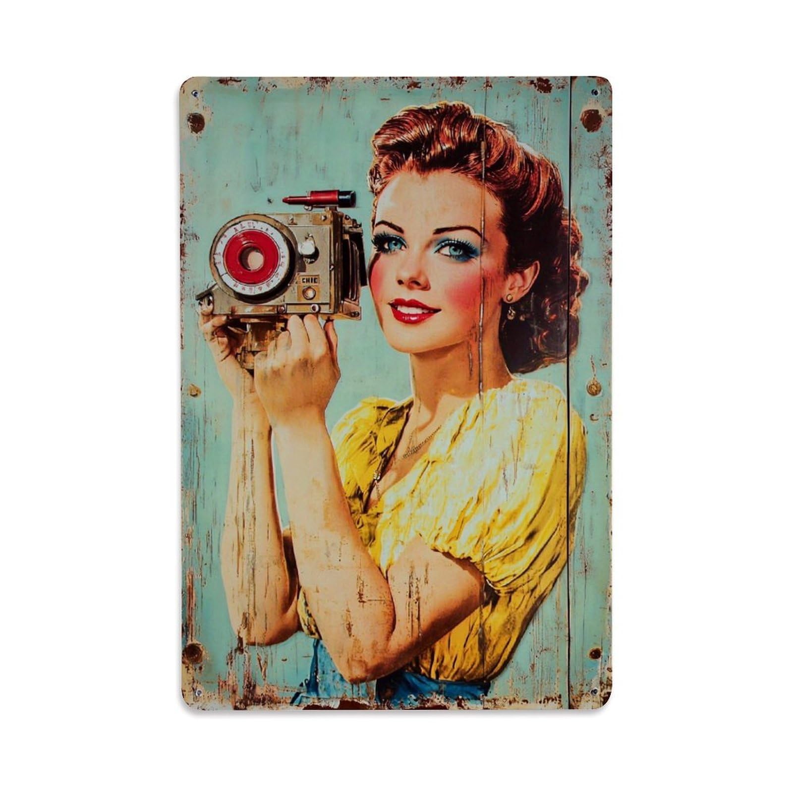 Jdfenggu Vintage Camera Woman Portrait Art Retro Metal Tin Sign, Decor Art Poster For Bar, Home, Man Cave, Kitchen, Laundry Room Gift 8X12inch
