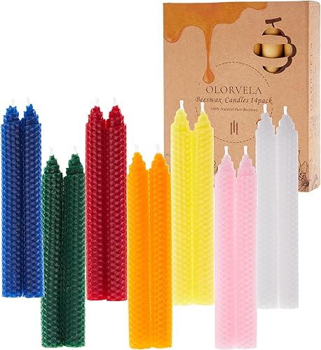 olorvela Velas cónicas de cera de abejas enrolladas a mano de cera de abeja pura, cónicas de cera de abeja naturales (7 pares, colores navideños,