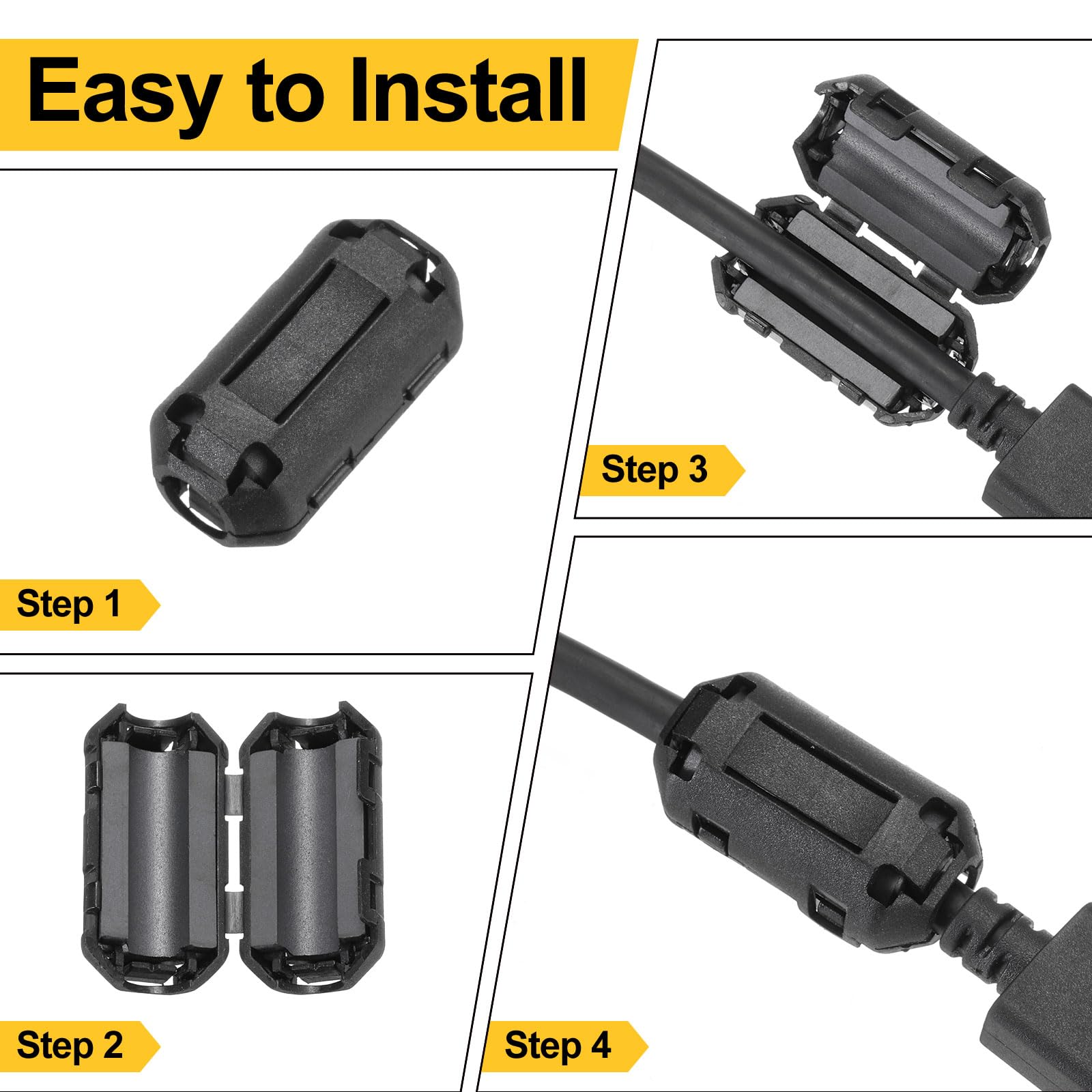 QUARKZMAN 60Pz 4 Misure Clip-on Ferrite Ring Core, Ferrite Beads EMI RFI Noise Cable Clip per Cavi da 5mm/7mm/9mm/13mm Diametro, Nero
