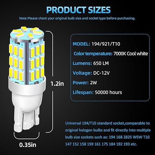 Miniatura 4 de Bombillas LED 921 194 168 175 T10 de color blanco frío, paquete de 20 unidades, superbrillantes de 42-SMD LED de repuesto de 12 voltios para