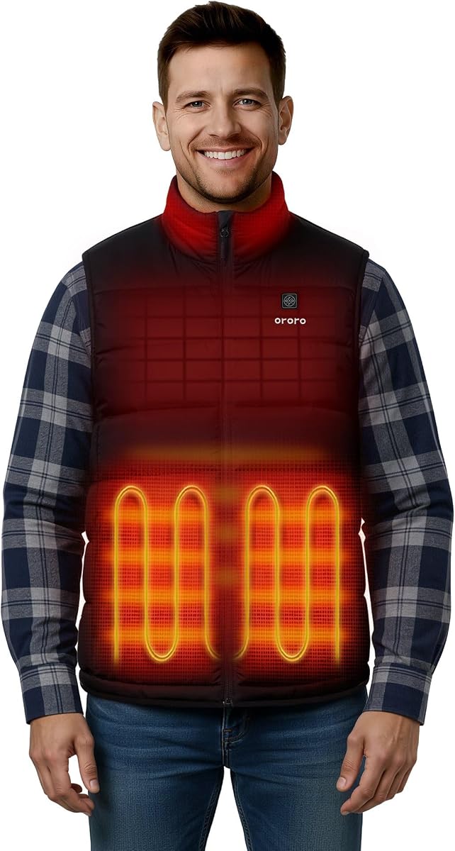 ORORO Men's 5-Zone Heated Vest, Lightweight Heated Puffer Vest (Black, XL) | Enhanced core warmth with FELLEX insulation, water and wind resistant protection, reliable battery power for winter wear at Amazon Men’s Clothing store