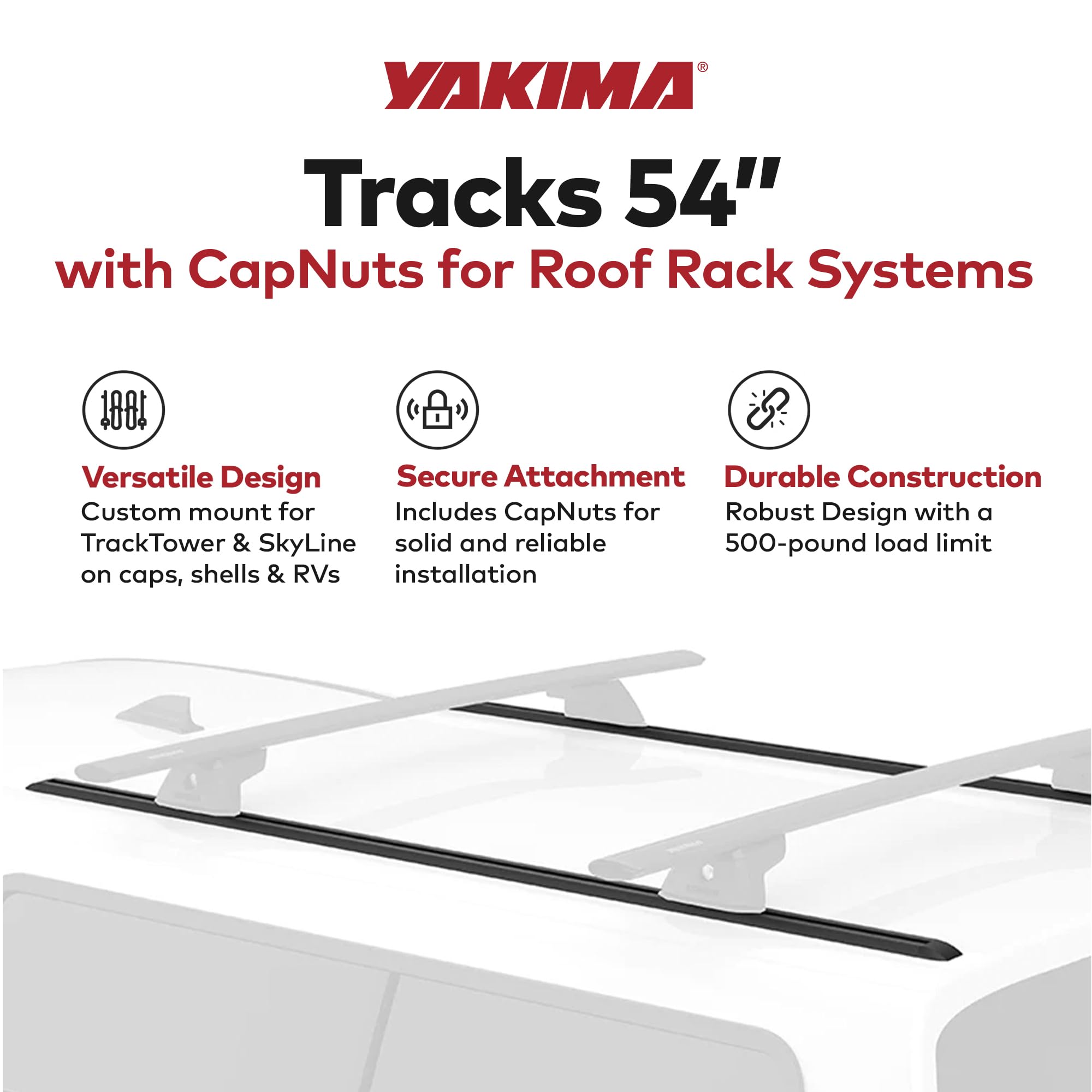 Yakima 54 Inch Smooth Roof Mount Tracks with CapNuts and Adjustable Base for Custom Install Roof Rack Systems, Black, Set of 2