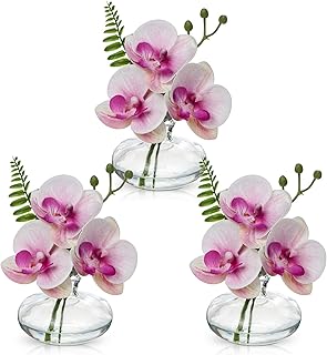 Oairse Pink Orchids Artificial Flowers Faux Orchids Arrangement in Clear...
