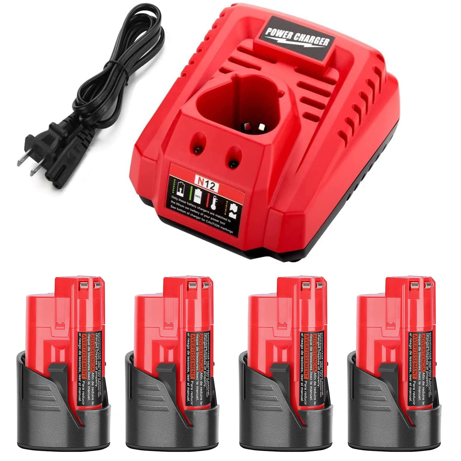 Powilling 4Pack 3500mAh Replacement Lithium Milwaukee M-12 Battery + M-12 Rapid Charger for Milwaukee M-12 Battery Charger