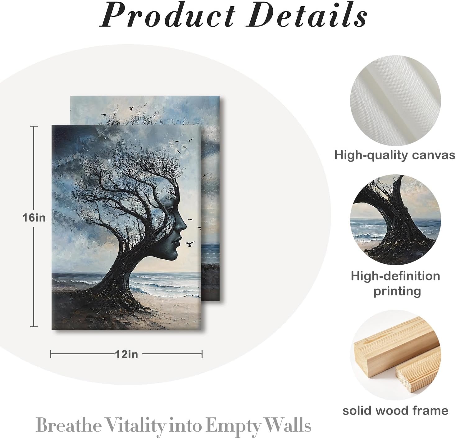 Kdyudo 2 pcs Tree of Life Canvas Framed Wall Art Gothic Face Tree Painting Picture Surrealist Trees and Ocean Abstract Nature Poster Print Artwork Bathroom Living Room Office Wall Decor 12x16 inch