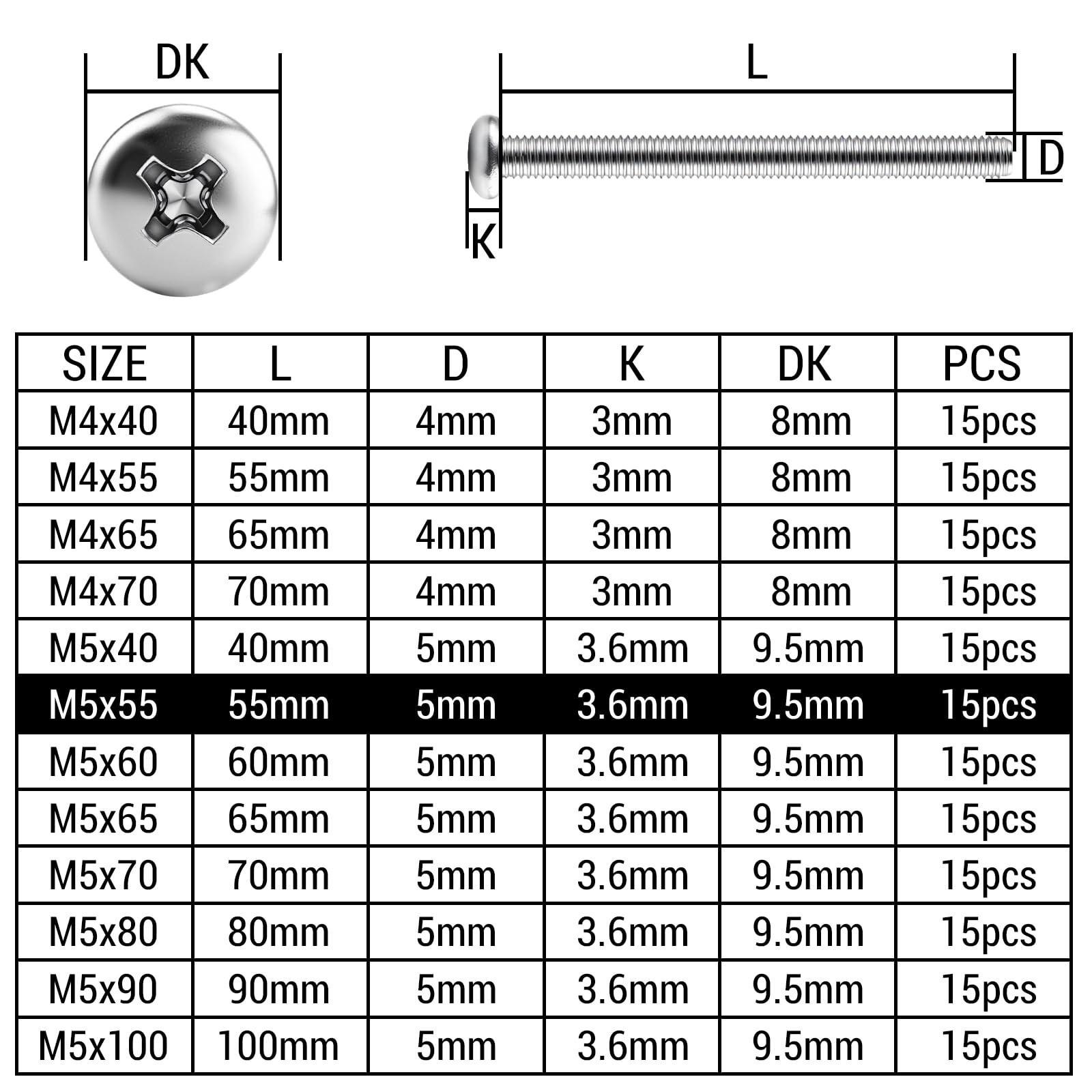 15pcs Bolts Screws M5x55mm Micro Machine Pan Cross Head Screws 304 Stainless Steel Fasteners Bolts Round Head Screw for Construction Engineering Mechanical Equipment and Daily Maintenance - Image 2