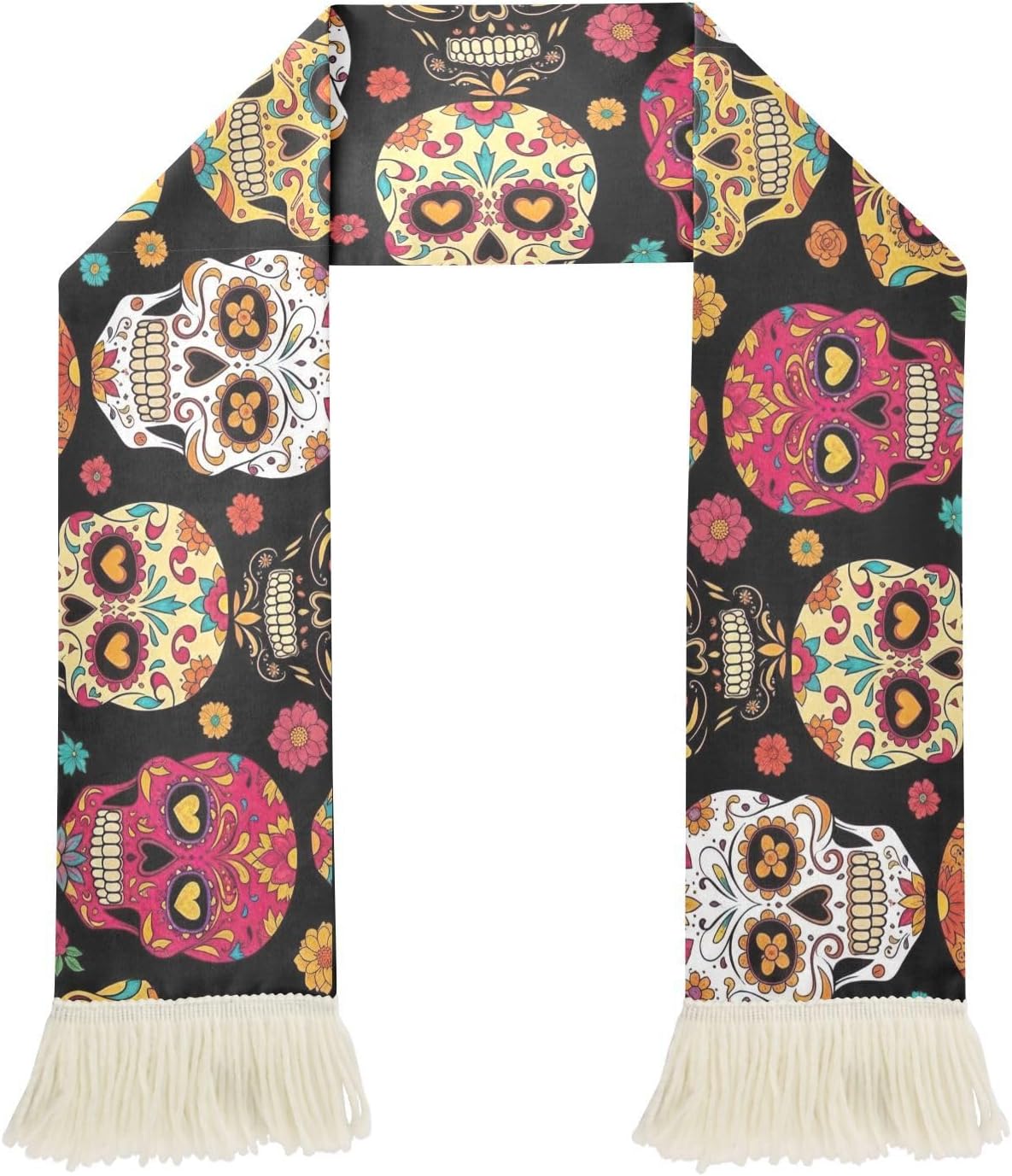 CHIFIGNO Colorful Skulls Flowers Hearts Black Sports Fan Scarf Towel, Soft Polyester Sweat Absorbent Cheering Wrap for Soccer Games, Quick Dry