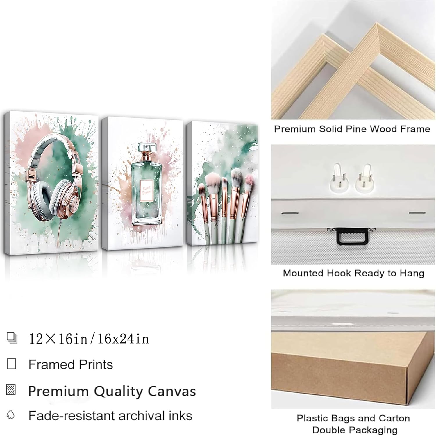 3Pcs Tween Teen Girls Bedroom Wall Art Pictures Teenager Music Lovers Posters Wall Decor Sage Green Rose Gold Silver Painting Perfume Makeup Brushes Headphones for Mature Girl Dorm 16x24in canvas