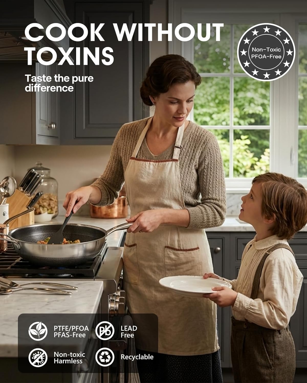 Wok Pan 12 Inch Non Stick Stainless Steel Woks & Stir-Fry Pans with Tempered Glass Lid, Stay-cooling Handle Non Toxic PFOA Free Chef's Pan, Dishwasher and Oven Safe All Cooktops Compatible - Image 2