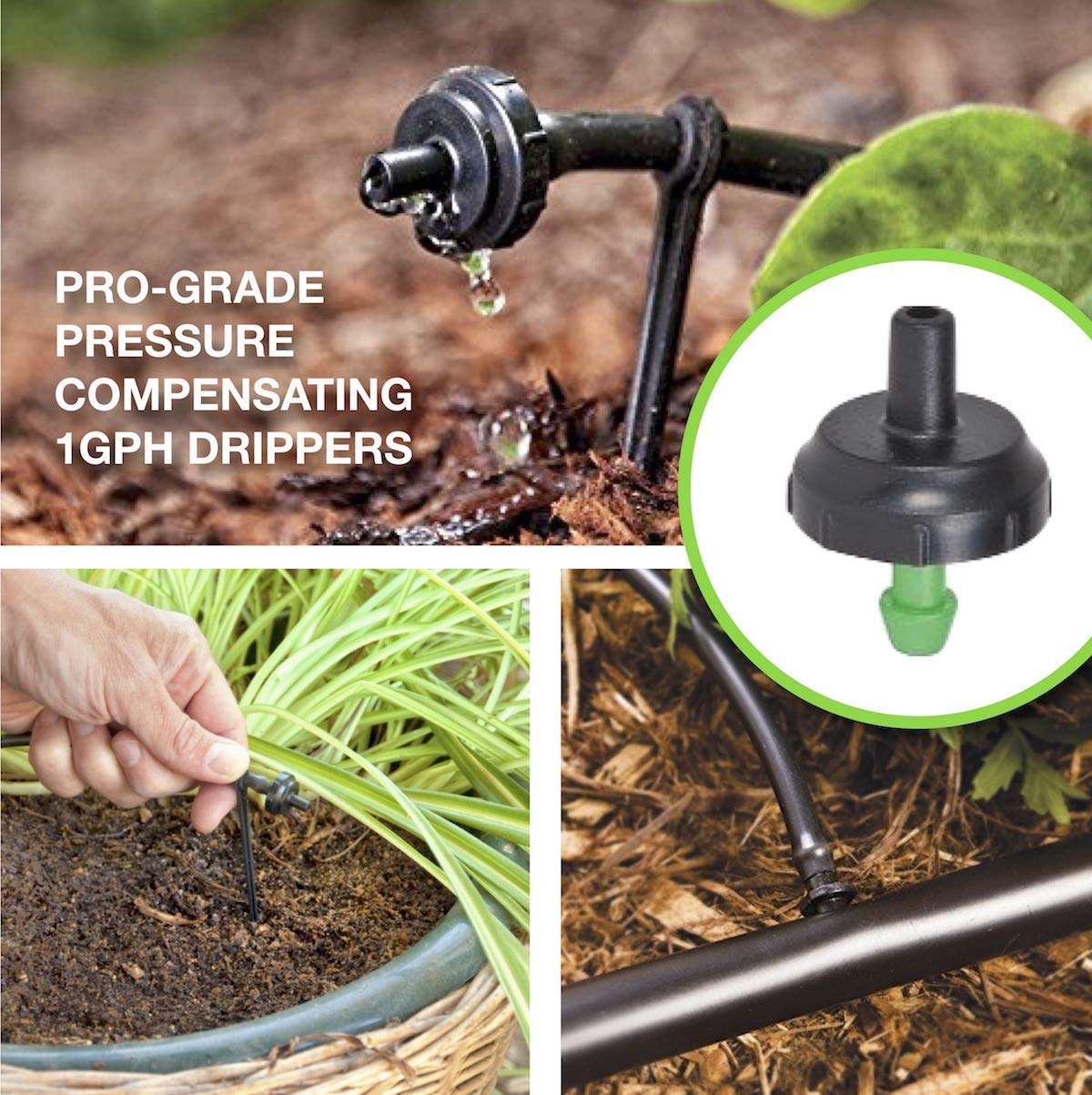 One Stop Outdoor Tropfbewässerung, 1 GPH PC-Taste, Tropfstrahler, professionelle Qualität, druckausgleichender Barb-Tropfer (100)