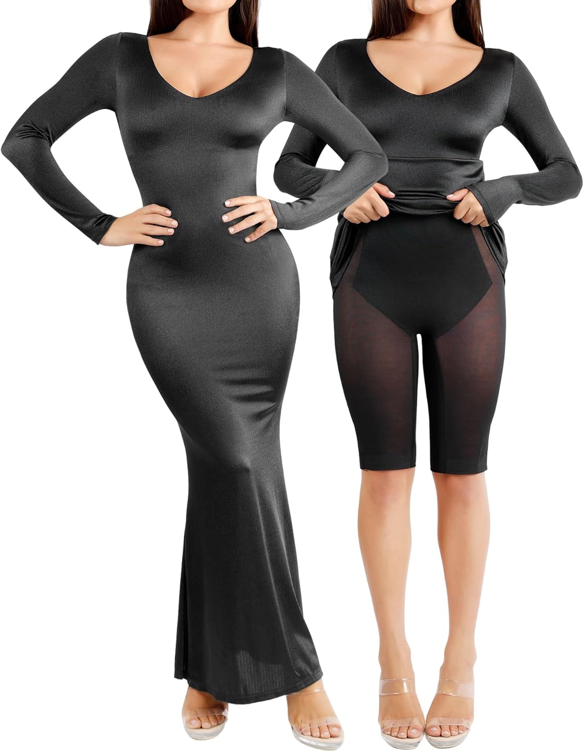 Popilush Shapewear Ball Gowns for Women Formal Long Sleeve Dress Satin V-Neck Cocktail Wedding Party Maxi Dresses