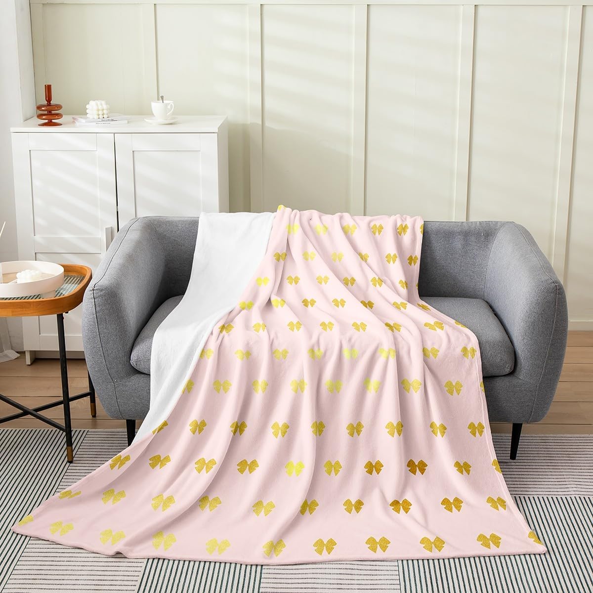 Erosebridal Golden Bowknot Flannel Blanket Multicolor Cute Bow Knot Fleece Blanket Baby,Kawaii Colorful Cartoon Dreamy Princess Fuzzy Plush Throw for Teen Girls Crib Stroller Travel Decor