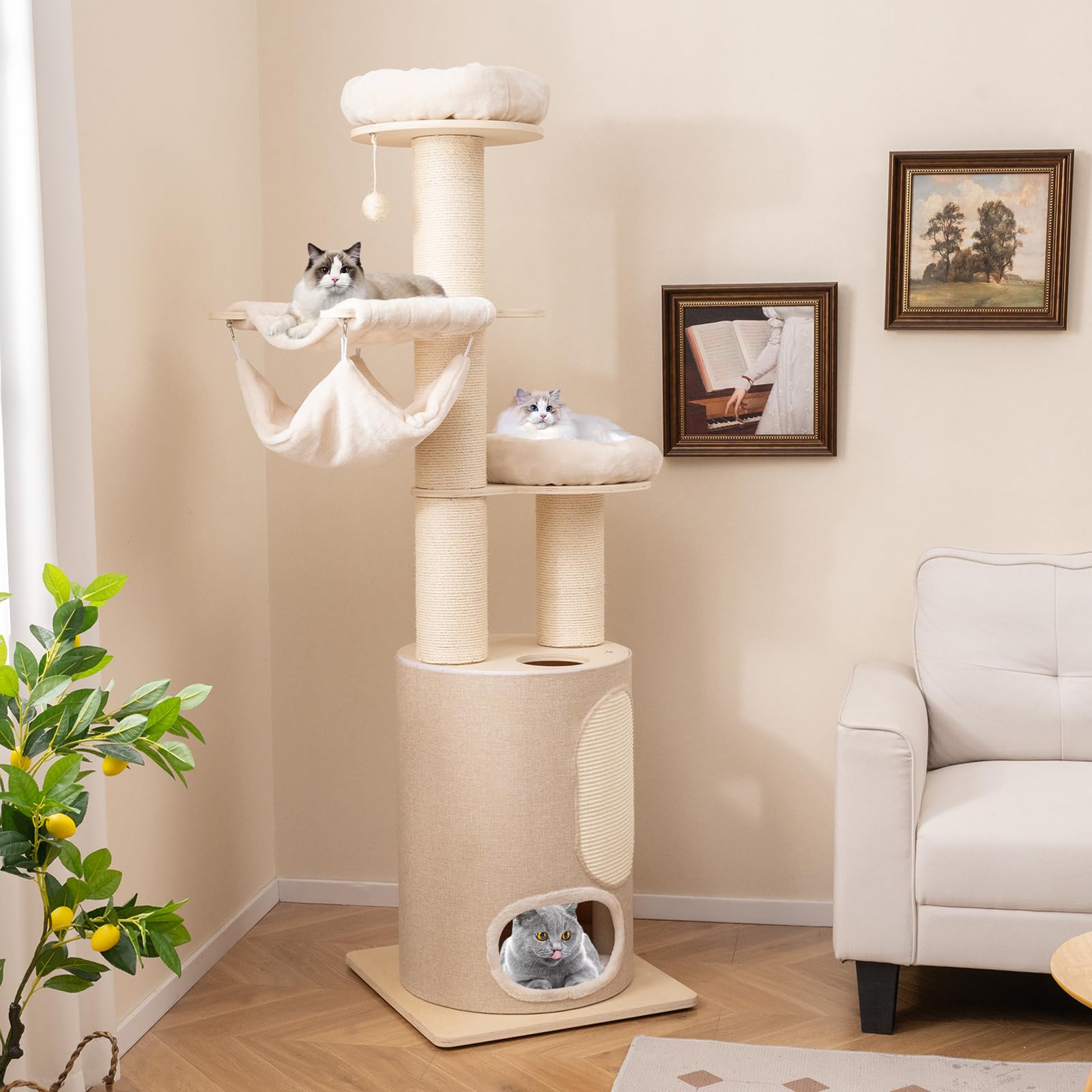 PETSITE 74 inch Tall Wood Cat Tree, Multi-Level Cat Tower with Scratching Posts and Board, Cat Condo, Hammock, Top Perch, Washable Cushions, and Hanging Ball, Modern Cat Tree for Indoor Cats