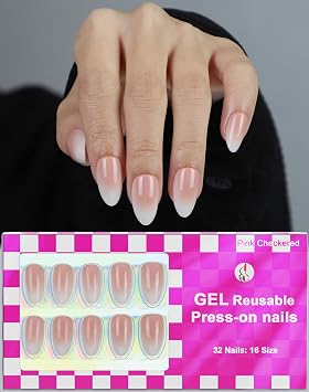 Press On Nails Short Almond Fake Nails with Nail Glue, Glossy Reusable Stick on Nails in 16 Sizes, French & Peach Pink Ombre