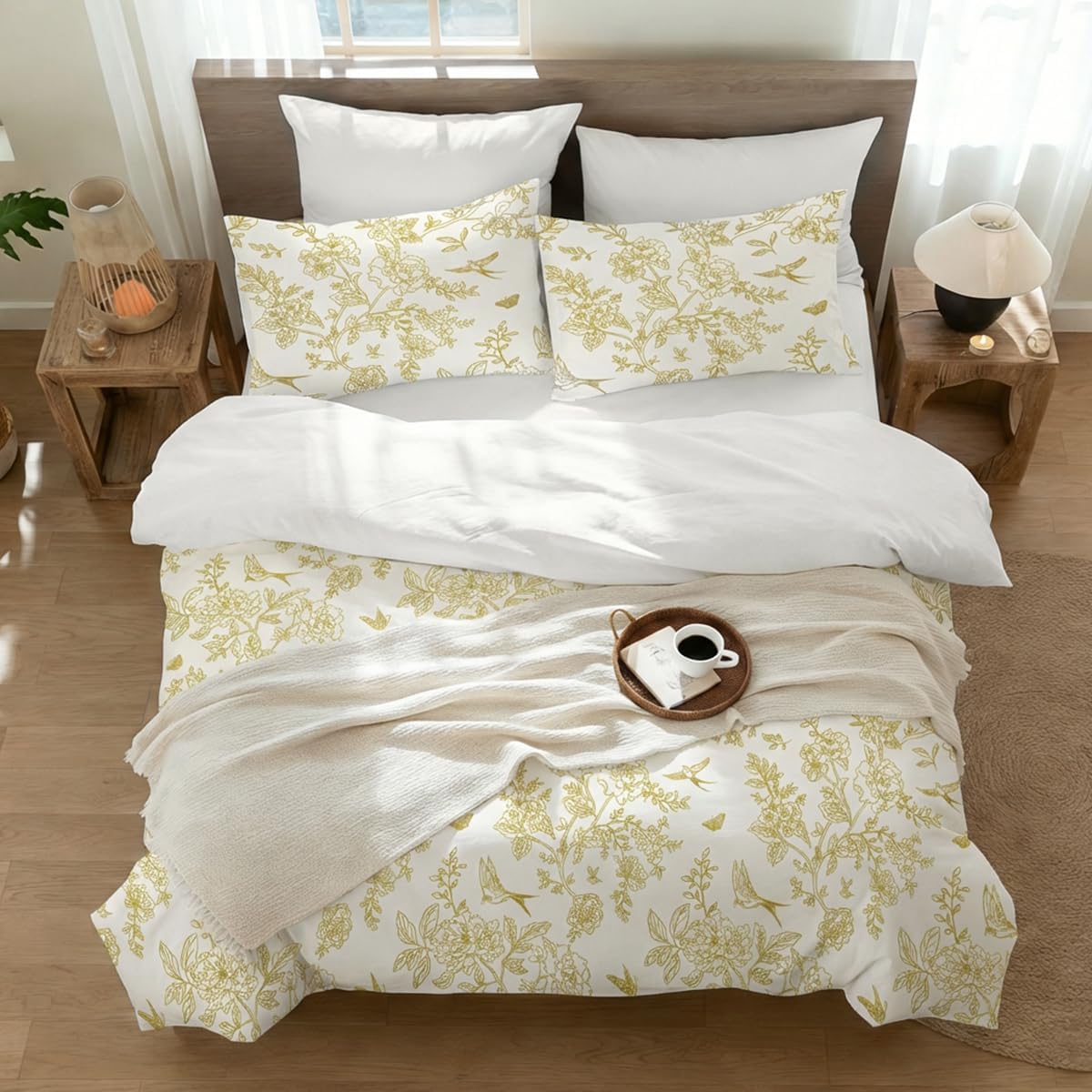 Floral Duvet Cover Queen Beige Gold 3 Pieces Elegant Botanical Flower Printed Bedding Set, Modern Aesthetic Duvet Cover Set for All Season, 2 Pillowcases