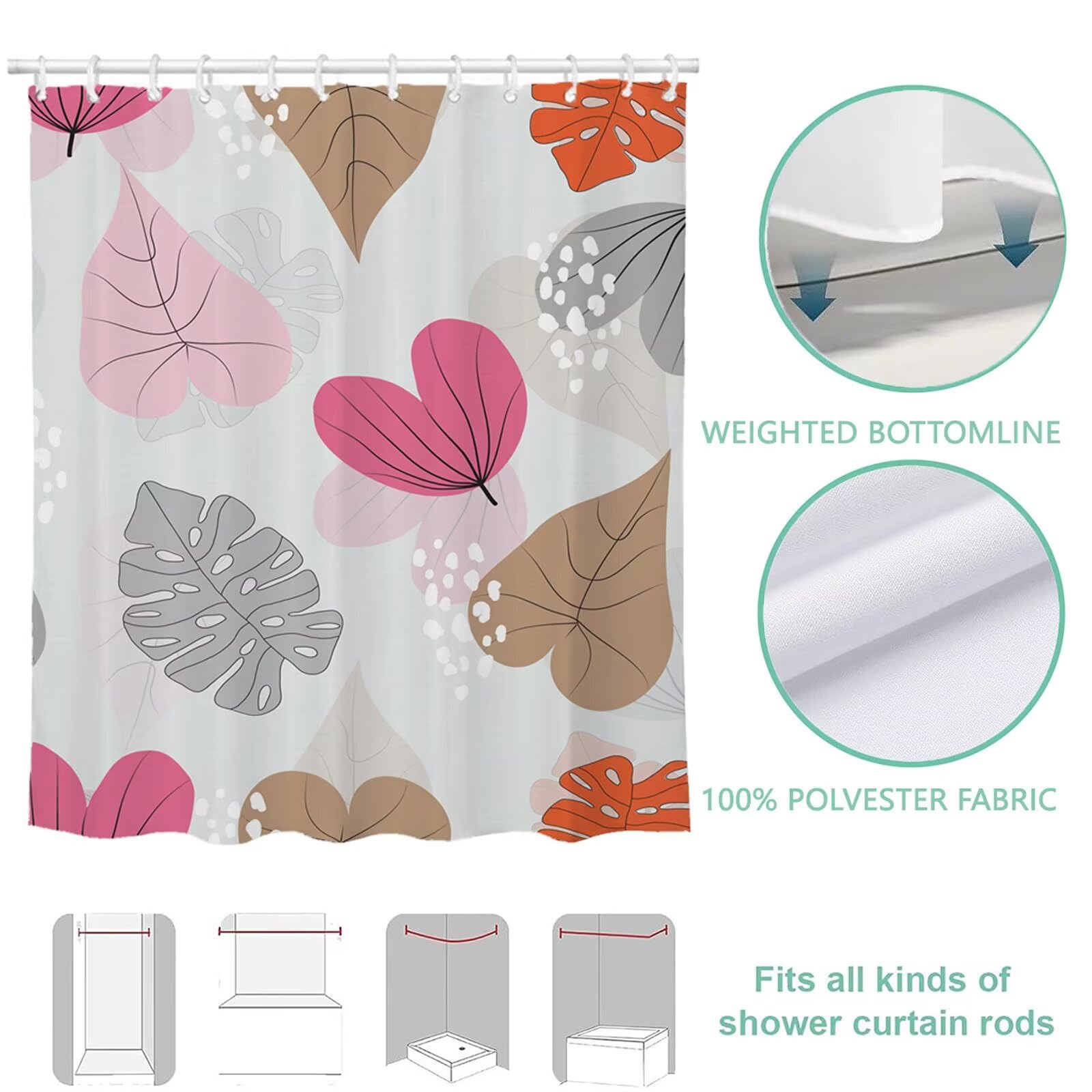 Duschvorhang 240x180 cm Grau Shower Curtains Blatt mit Gewicht und 12 Plastik Haken, Anti Schimmel Wasserdicht, Waschbar Schnelltrocknender Polyester Stoff, Dekorative Vorhang für Bad Badewanne 6H-285