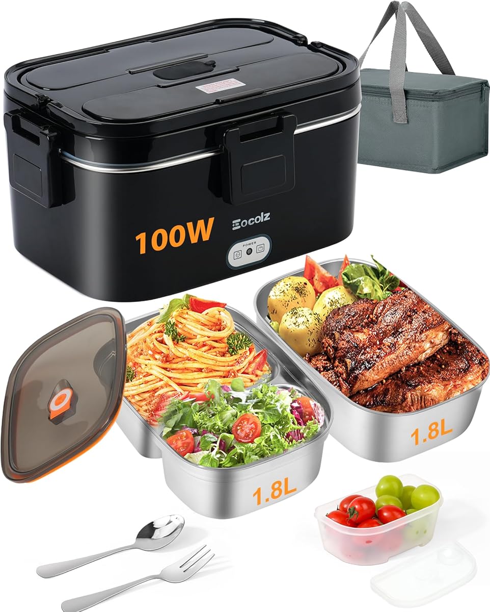 Eocolz Electric Lunch Box Food Heater 100W, Food Warmer with Dual Container 1.8L Portable Heated Lunch Box for Car Truck Work Stainless Steel Fork & Spoon 12/24/110V Adult Lonchera Eléctrica