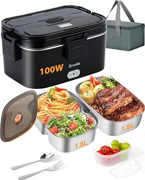 Eocolz Electric Lunch Box Food Heater 100W, Food Warmer with Dual Container 1.8L Portable Heated Lunch Box for Car Truck Work Stainless Steel Fork & Spoon 12/24/110V Adult Lonchera El ctrica
