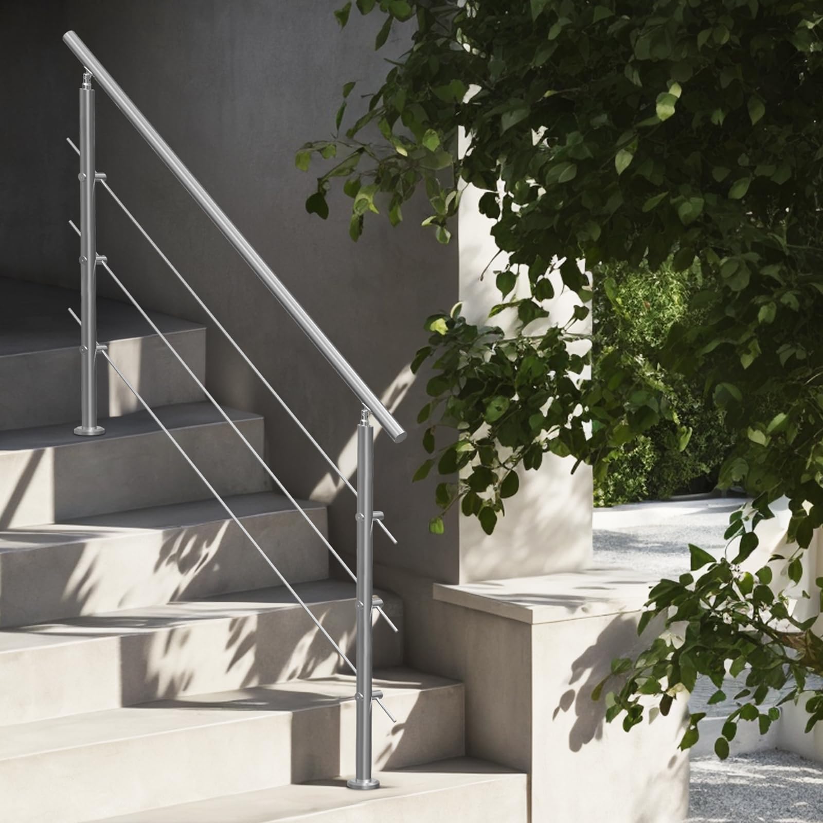 VEVOR Corrimano per Gradini Esterni, Kit Corrimano per Scale 3 Traverse 150 cm Lunghezza, Ringhiere Transizione Acciaio Inox Kit Installazione, Corrimano Scale Doppia Colonna per Veranda e Terrazza