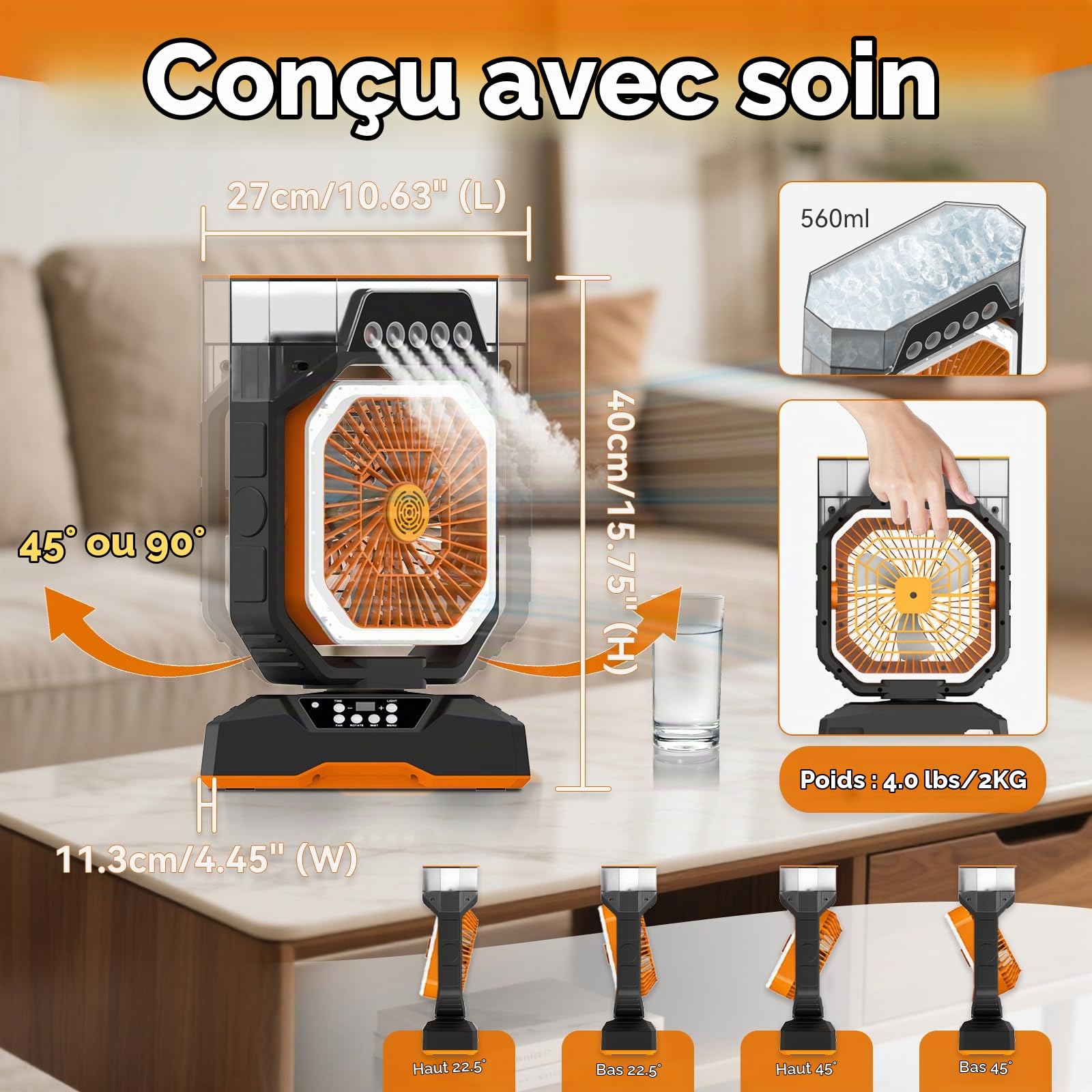 Ventilateur brumisateur rechargeable pour camping et maison - Ventilateur de refroidissement portable à 6 vitesses avec brume réglable, boîte d'aromathérapie, minuterie de 8 heures, batterie à charge