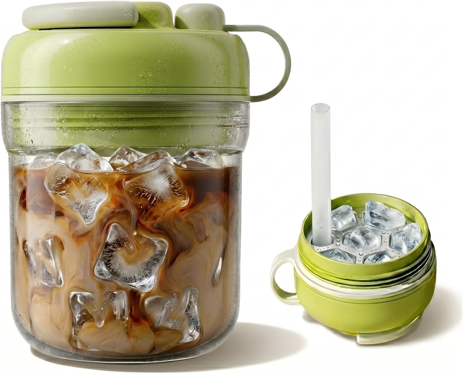 Iced Coffee Cups With Lidsi，2-In-1 Ice Cube Bottle With Straw，Press To Release Ice Cube Mold Bottle With Handle To Go Iced Coffee For Freezer, Travel, Gym & Home Use