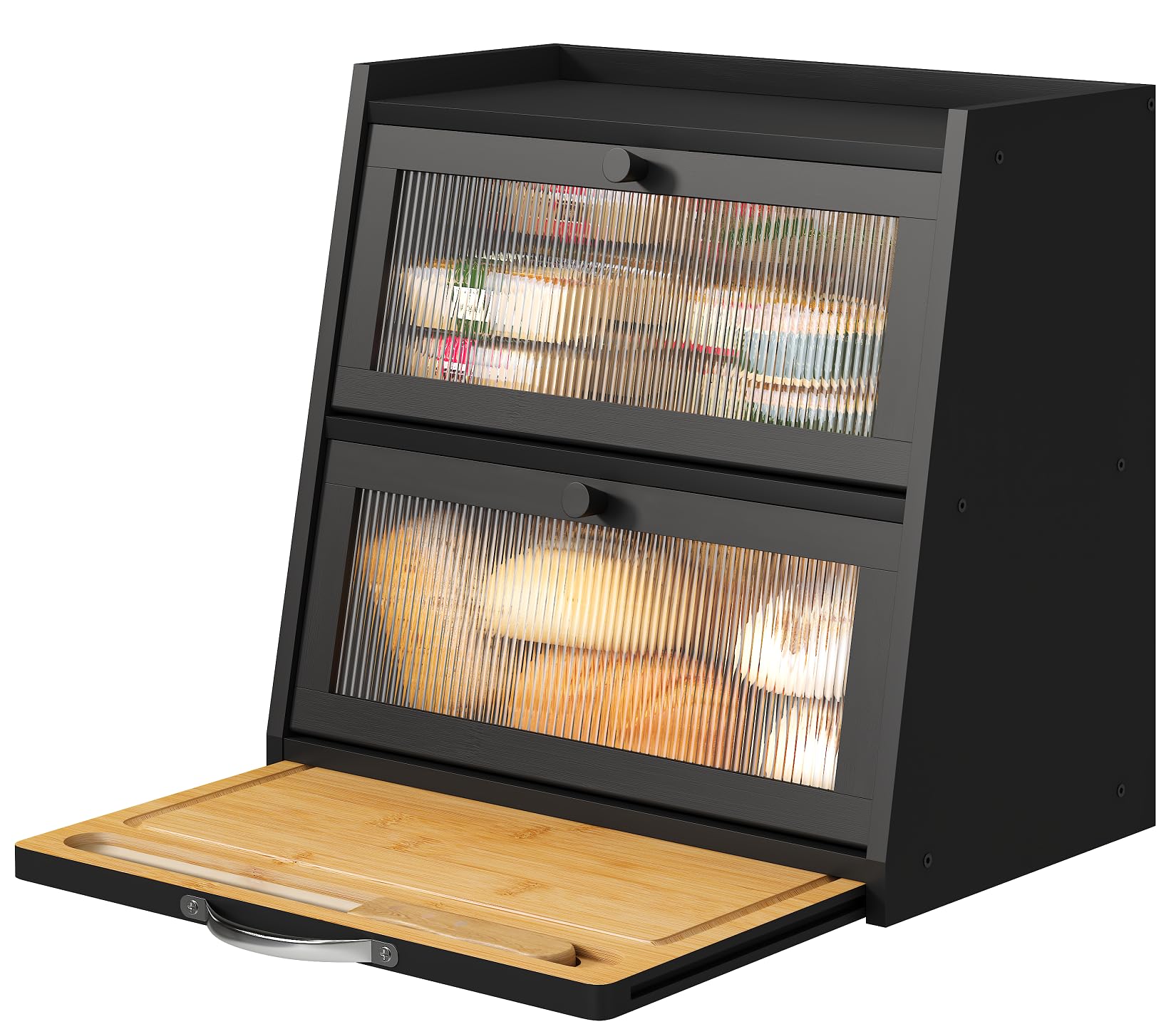 Bread Box for Kitchen Counter, Black Bread Box With Cutting Board, Bamboo Wood Large Capacity Bread Storage Bin with Acrylic Wavy Door Panel