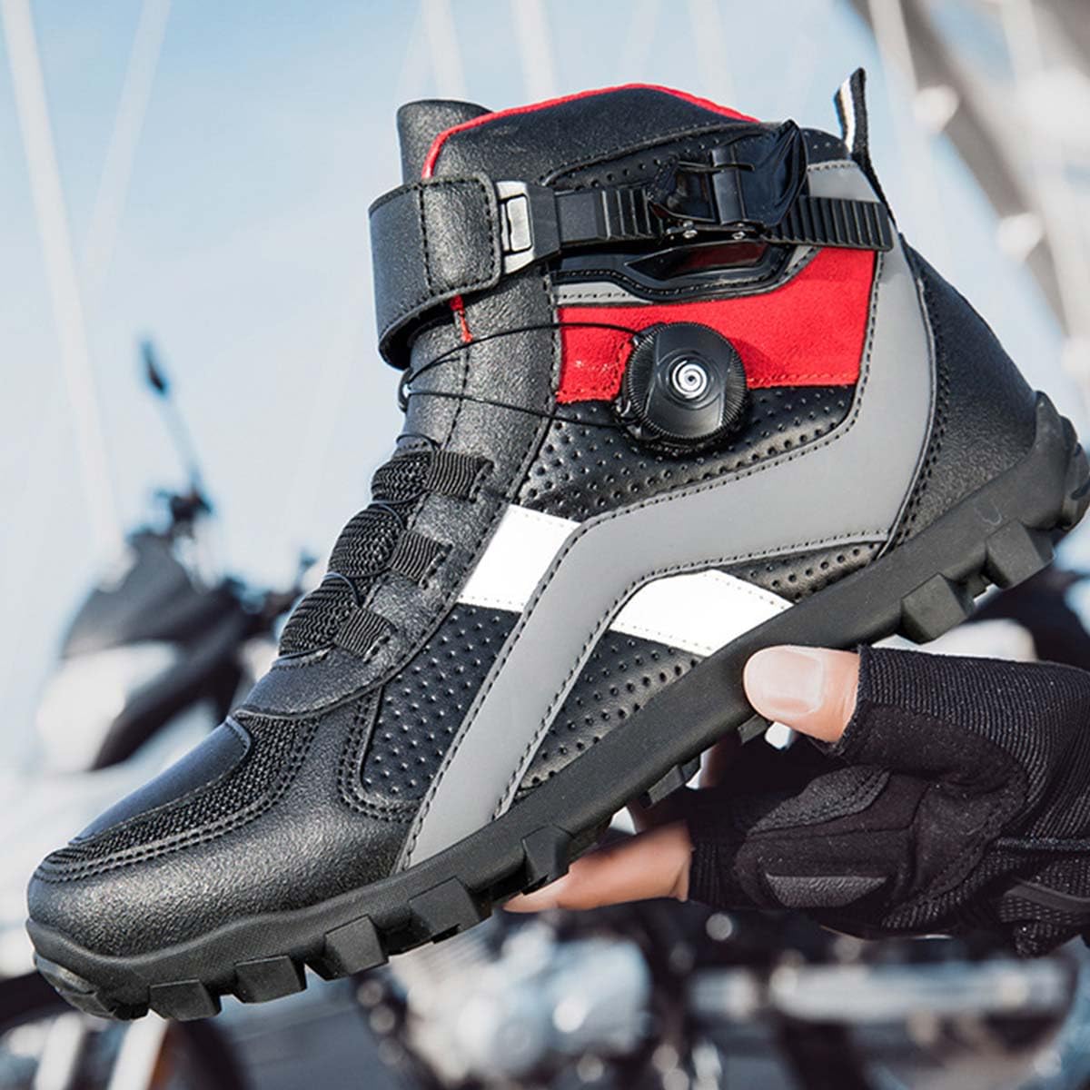 Zapatos de Moto para Hombre con Protectores Zapatos de Calle Motocicleta Reforzados, Cierre Rápido, Antideslizantes, Resistentes